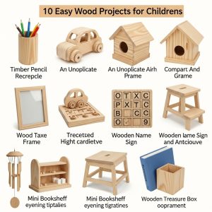 Crafting Fun: 10 Easy Wood Projects for Children A Timber Pencil Receptacle Straightforward, utilitarian, and ideally suited for novices. An Uncomplicated Avian Shelter A quintessential garden fixture. A Compact Wooden Vehicle Is there anyone who doesn't appreciate miniature automobiles Wooden Picture Frame A creation imbued with sentiment. Tic Tac Toe Board Recreation combined with carpentry equals success. Small Step Stool Slightly more intricate, yet highly gratifying Wooden Name Sign Individualized and imaginative. Mini Bookshelf Ideal for evening narratives. Wooden Treasure Box Each youngster requires a clandestine storage compartment. Wind Chime Melody converges with artisanal skill.