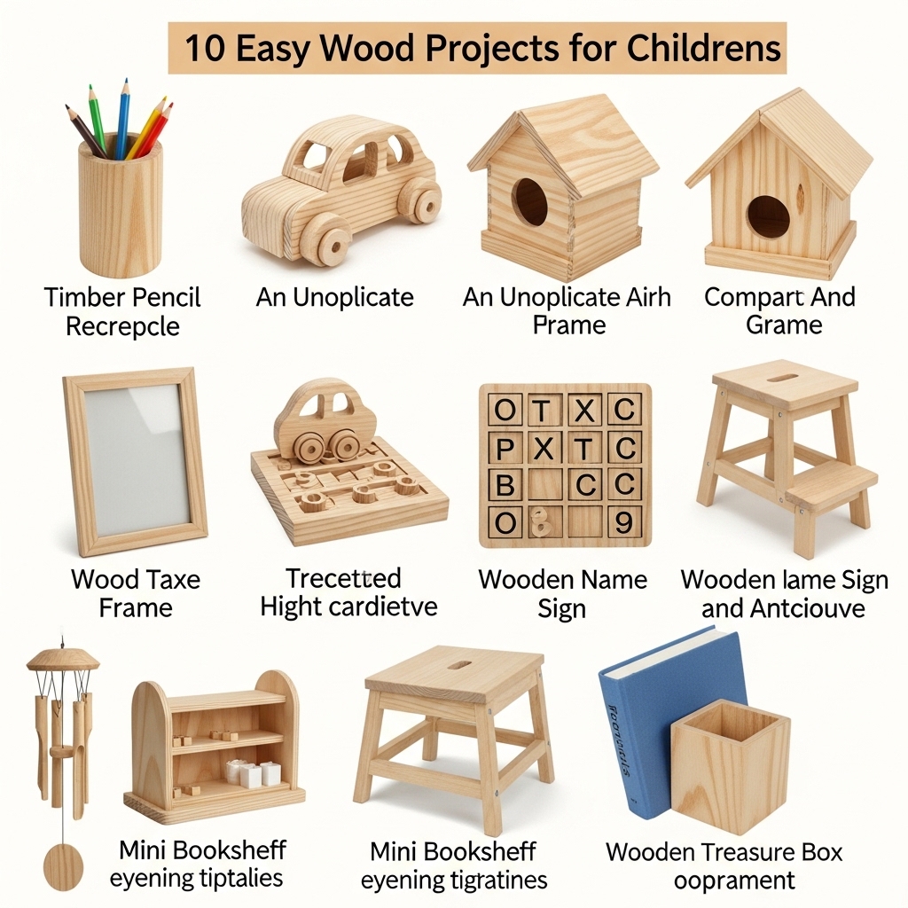 Crafting Fun: 10 Easy Wood Projects for Children A Timber Pencil Receptacle Straightforward, utilitarian, and ideally suited for novices. An Uncomplicated Avian Shelter A quintessential garden fixture. A Compact Wooden Vehicle Is there anyone who doesn't appreciate miniature automobiles Wooden Picture Frame A creation imbued with sentiment. Tic Tac Toe Board Recreation combined with carpentry equals success. Small Step Stool Slightly more intricate, yet highly gratifying Wooden Name Sign Individualized and imaginative. Mini Bookshelf Ideal for evening narratives. Wooden Treasure Box Each youngster requires a clandestine storage compartment. Wind Chime Melody converges with artisanal skill.
