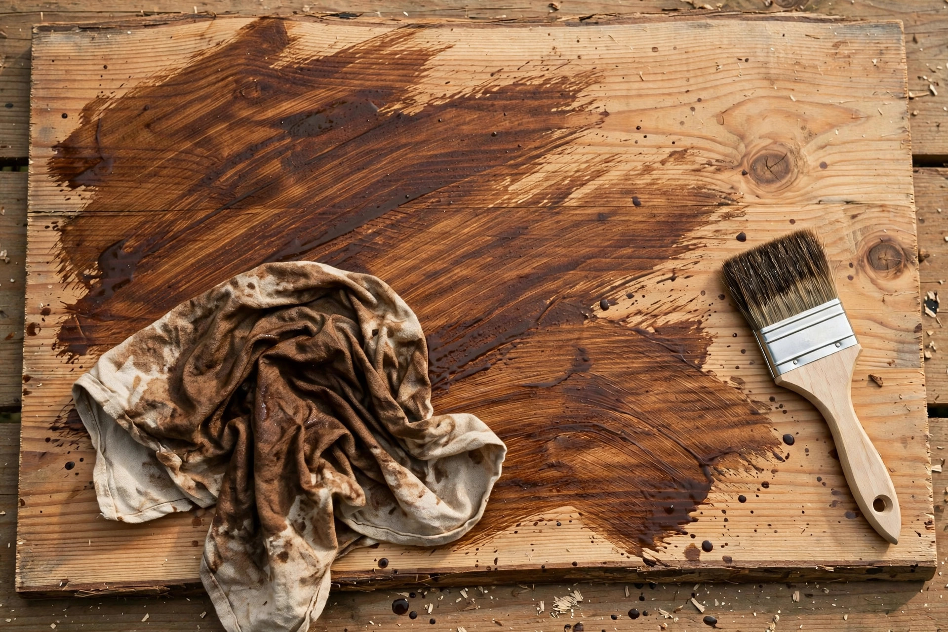 A cloth and brush resting on a wood board during staining, showing the best wood stain for beginners woodworking applied by wiping