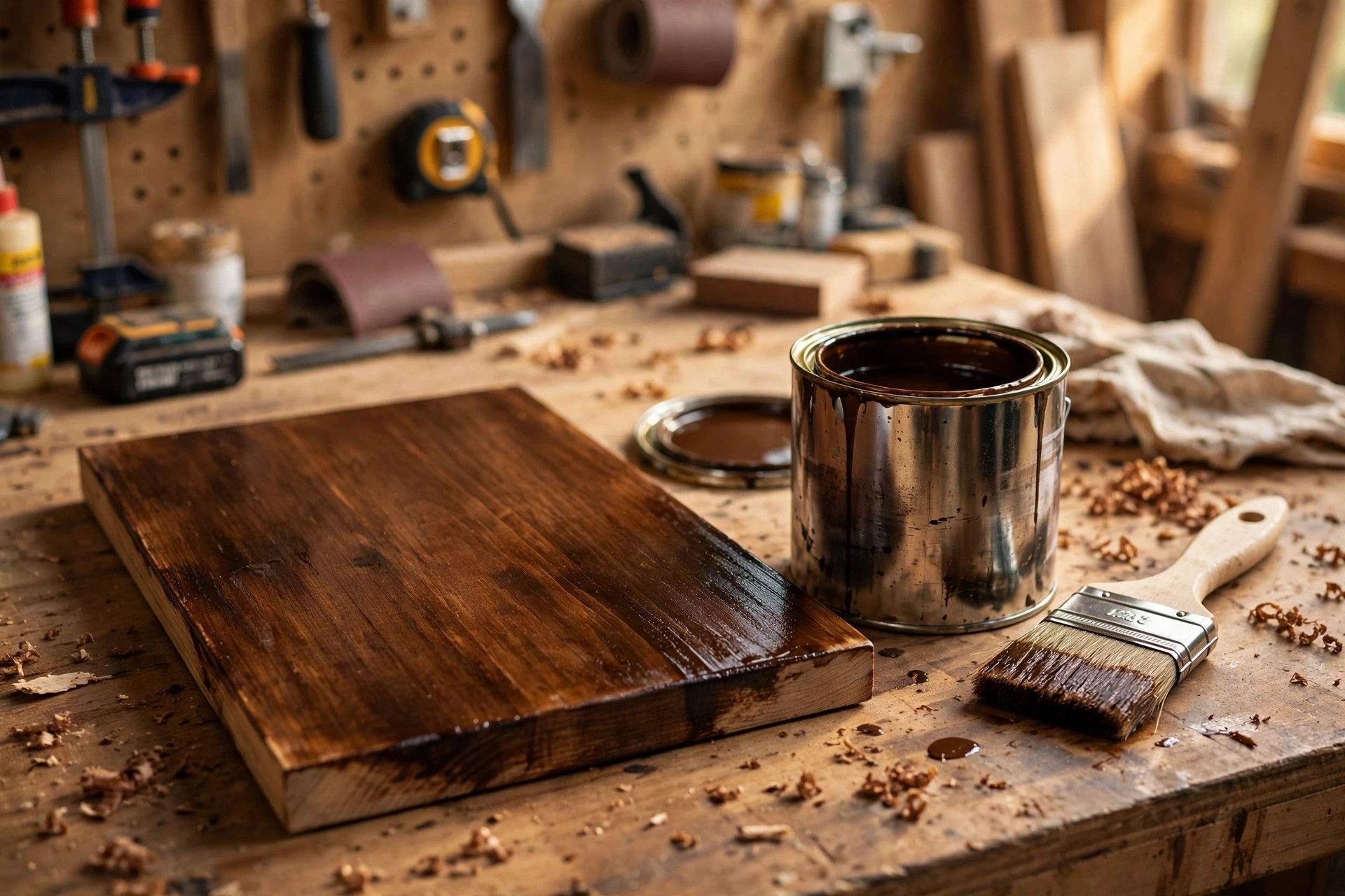 How to sand and finish wood for beginners: stained wood board with a stain can and brush beside it
