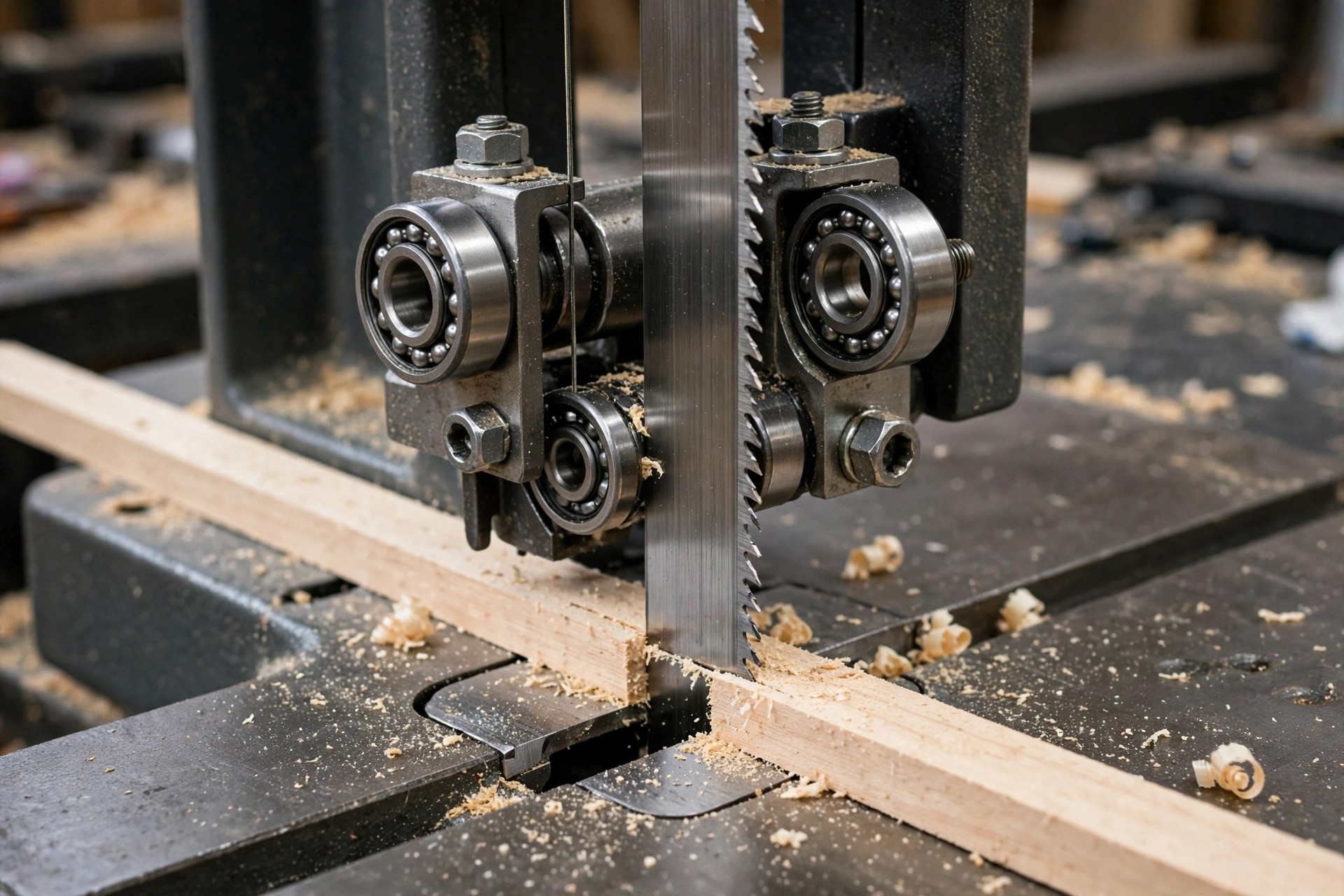 A close-up of a band saw blade and guide bearings on a benchtop band saw beside a thin strip of wood