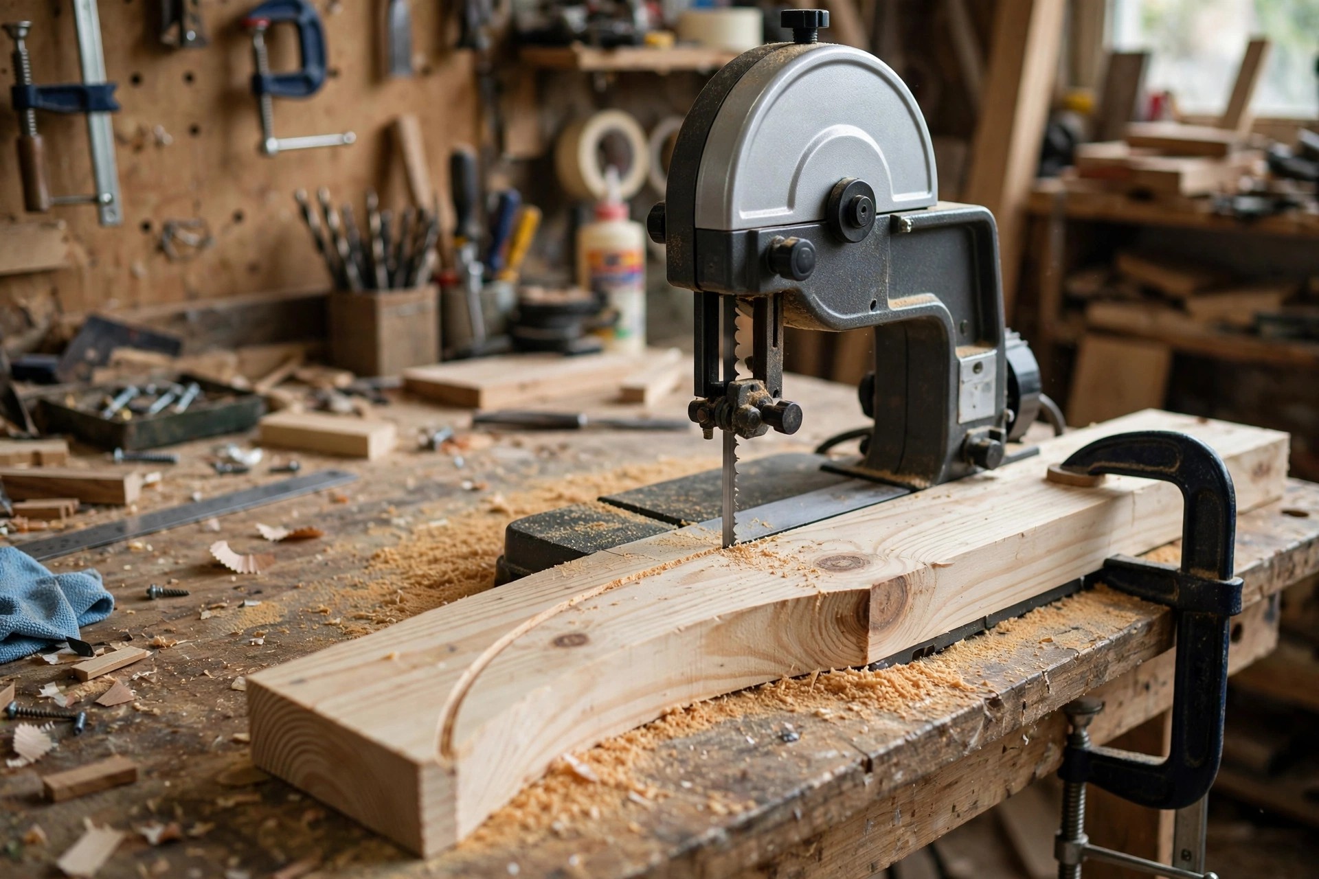 A benchtop band saw cutting a gentle curve in a pine board on a workbench with sawdust visible