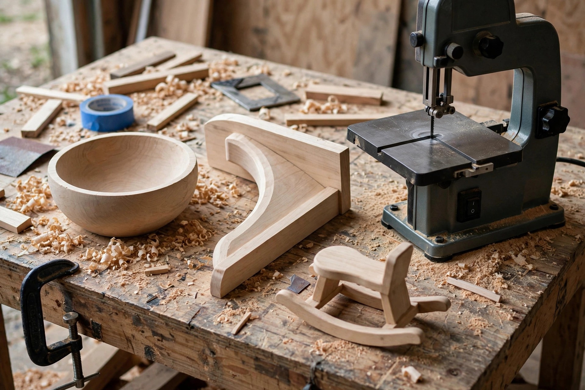 Finished beginner woodworking projects with curved cuts on a workbench including a wooden bowl blank a curved shelf bracket and a small rocking shape