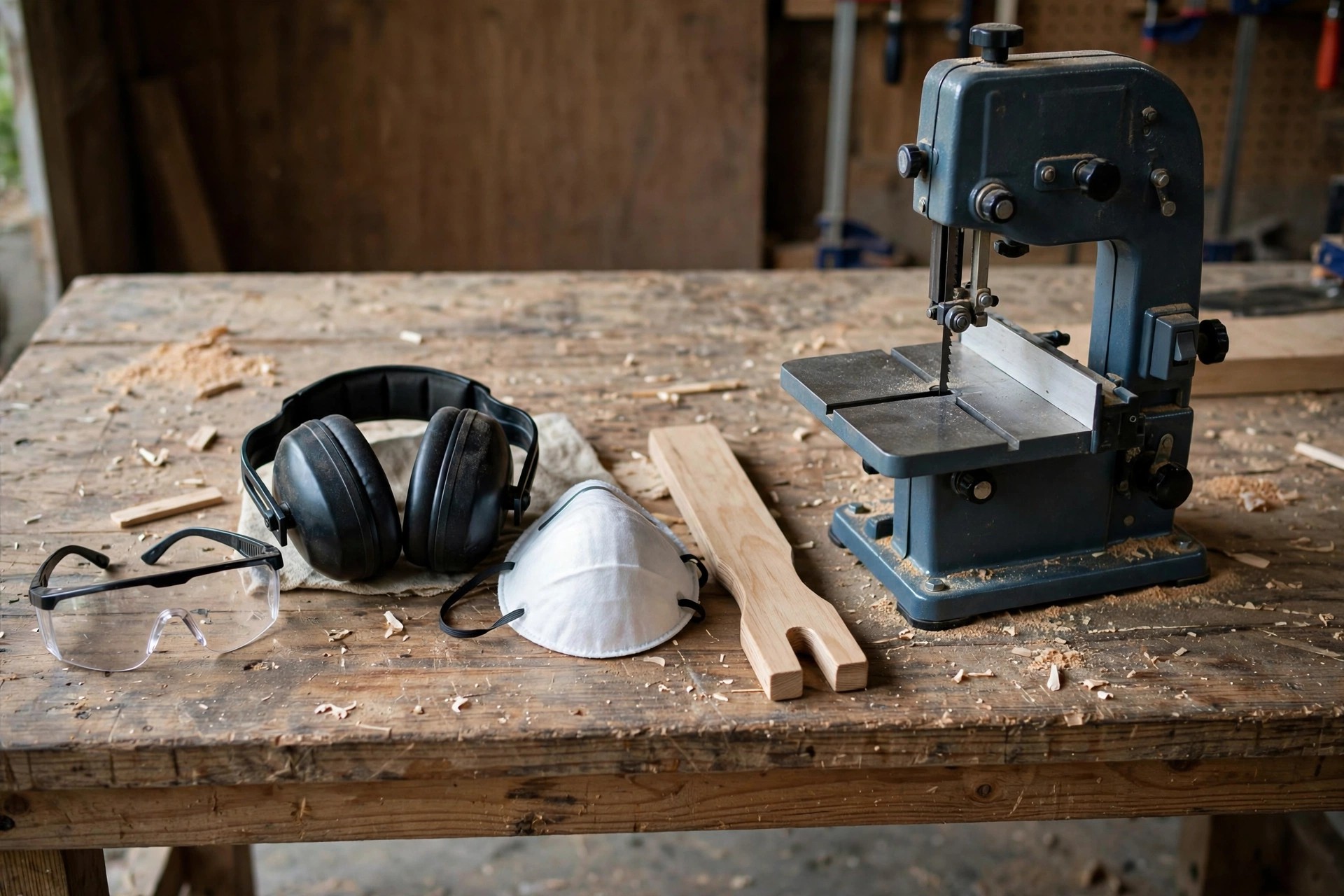 Safety gear laid out on a workbench beside a small band saw including safety glasses ear protection a dust mask and a push stick