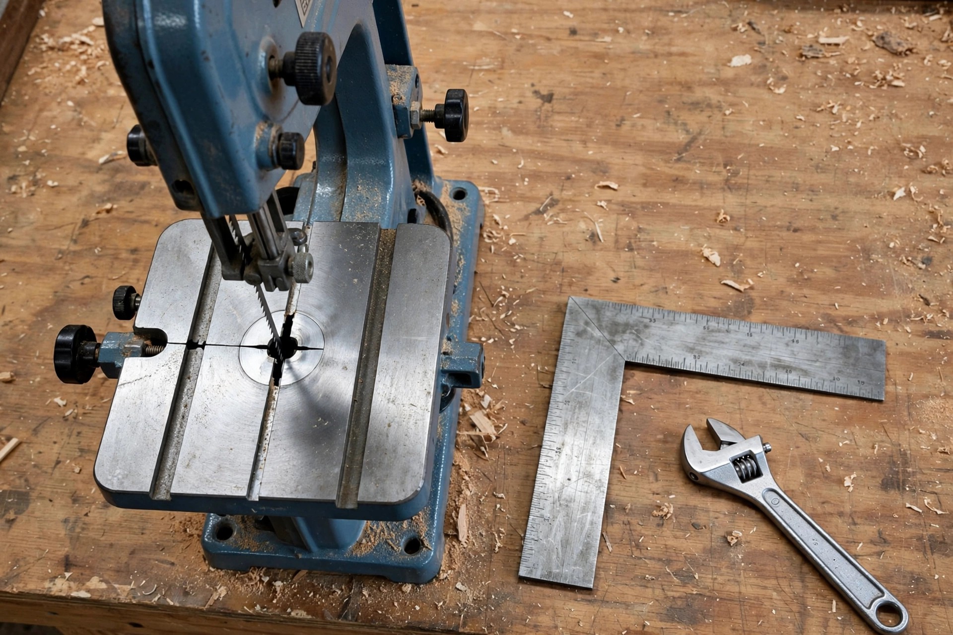 A benchtop band saw table with a square and a small wrench laid beside it for setup and blade tension adjustment