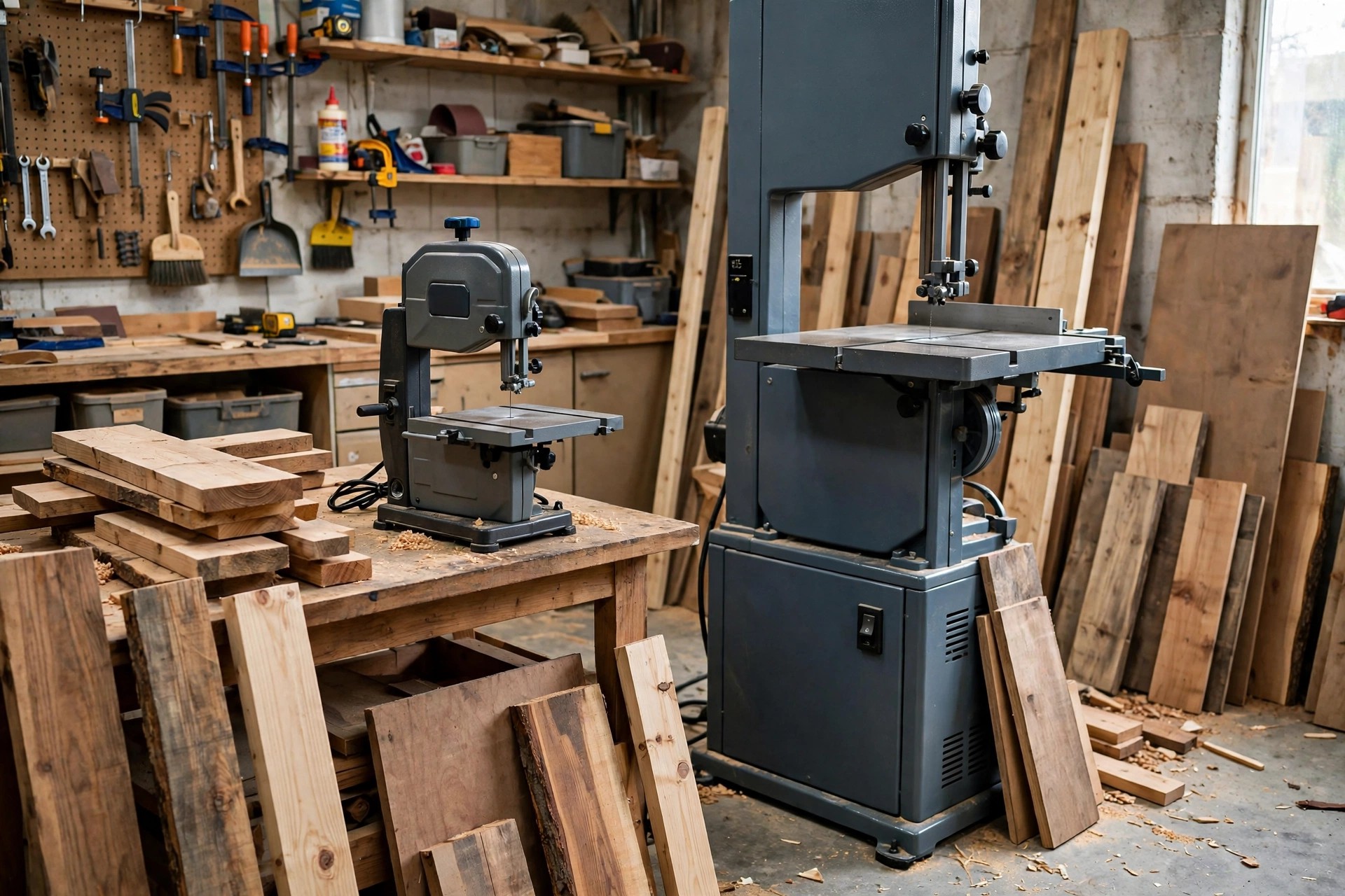A small benchtop band saw beside a larger floor-standing band saw in a workshop showing the size difference