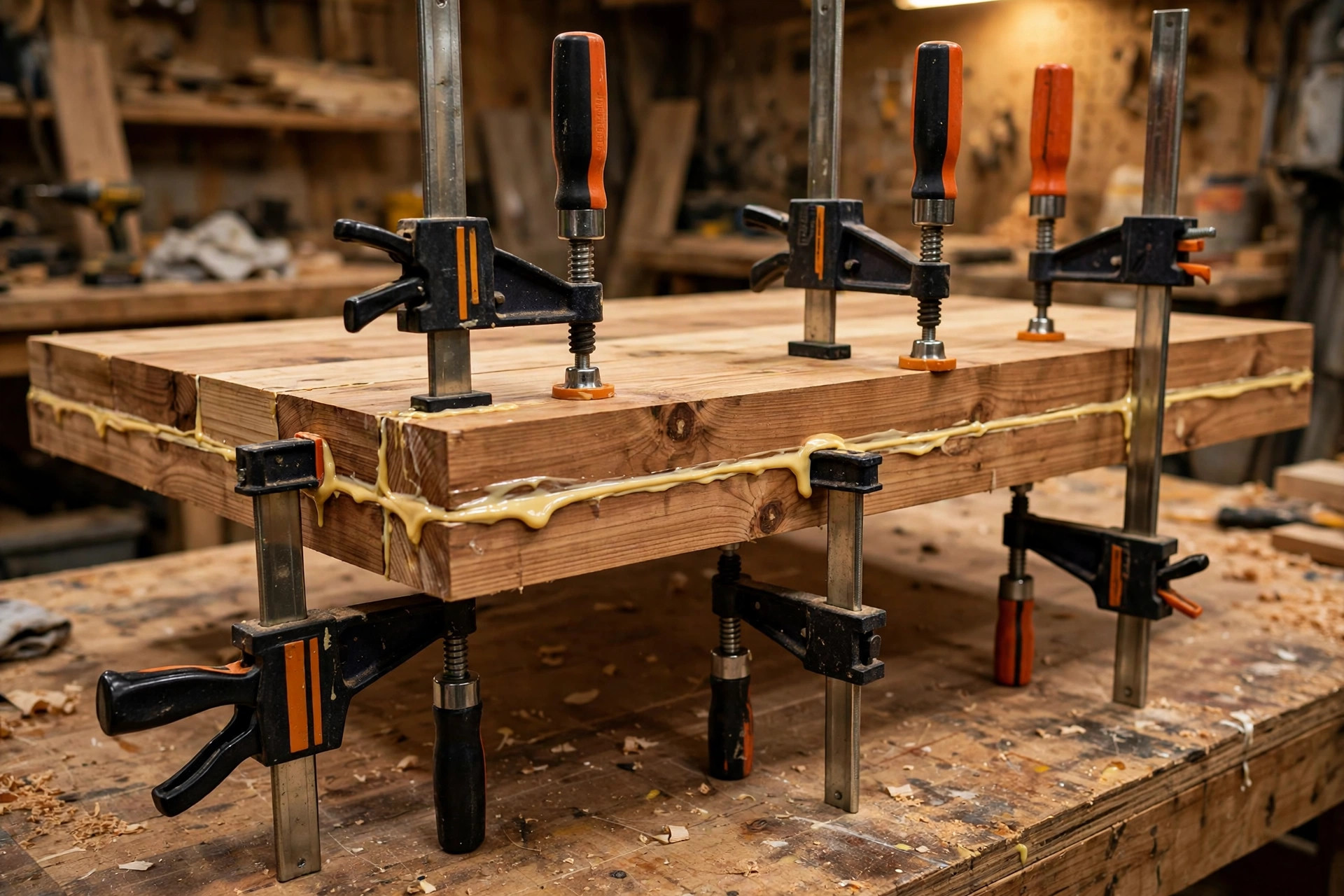 Bar clamps squeezing a wide wooden panel flat during a glue-up, a key technique for woodworking beginners learning clamps