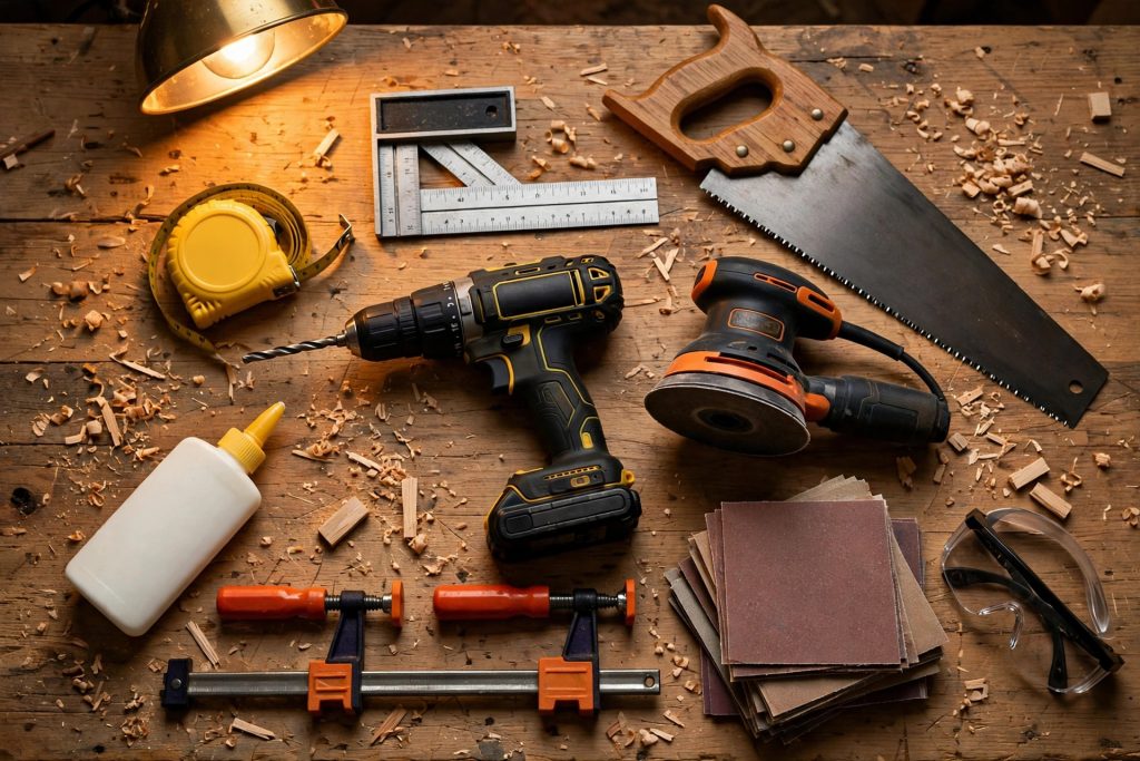 Essential beginner woodworking tools - saw, drill, sander, clamps, tape measure and sandpaper on a workbench