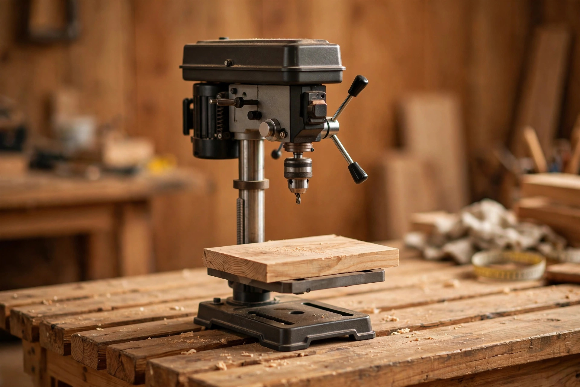 A benchtop drill press for woodworking beginners standing on a workbench with a wooden board on its table