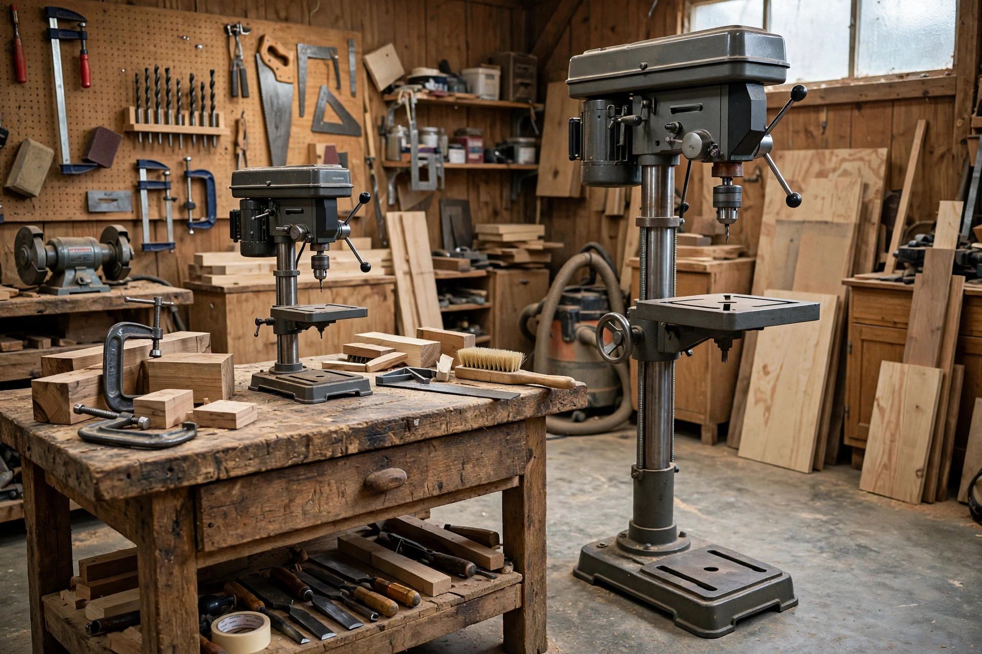 A compact benchtop drill press on a workbench next to a tall floor-standing drill press in a workshop