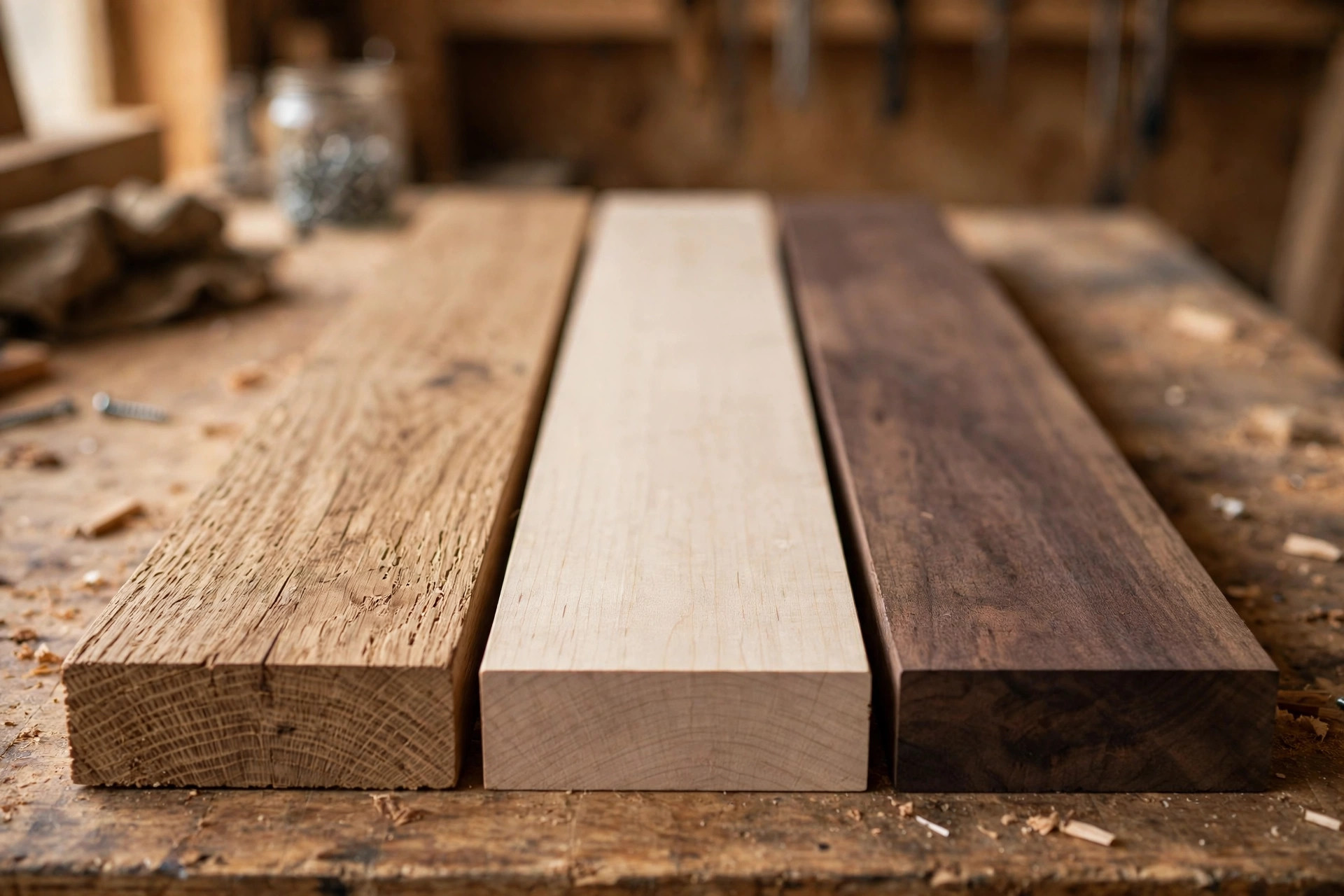 Oak, maple, and walnut hardwood boards side by side — premium woods to grow into beyond beginner woodworking projects