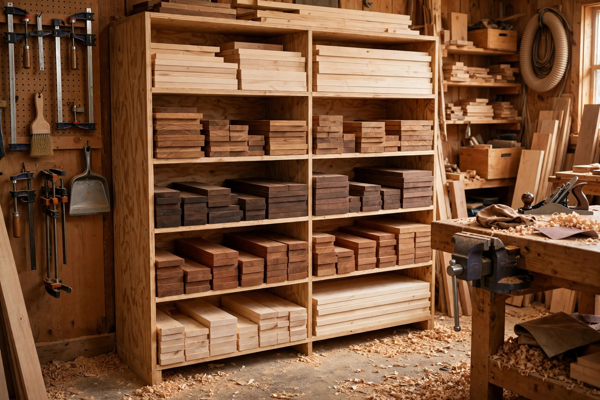 An organized lumber storage rack keeping beginner woodworking lumber flat and sorted by size
