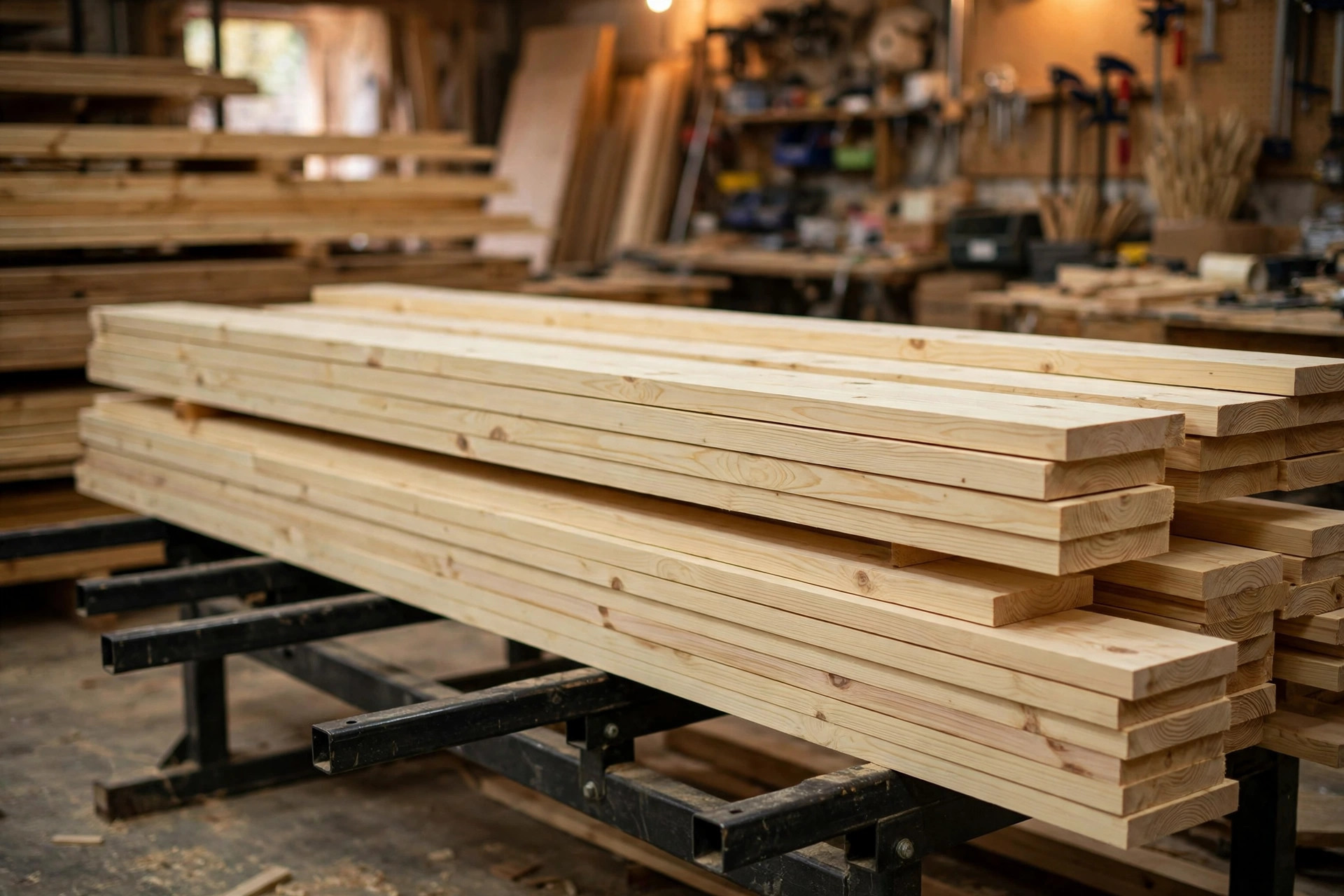 Stacked pine boards on a lumber rack — pine is one of the best woods for beginner woodworking projects