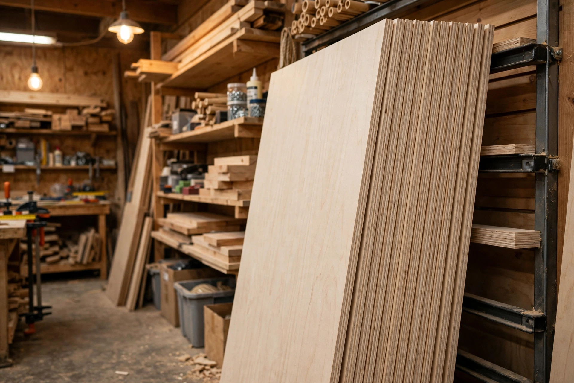 A neat stack of plywood sheets, an affordable sheet-good option for beginner woodworking projects