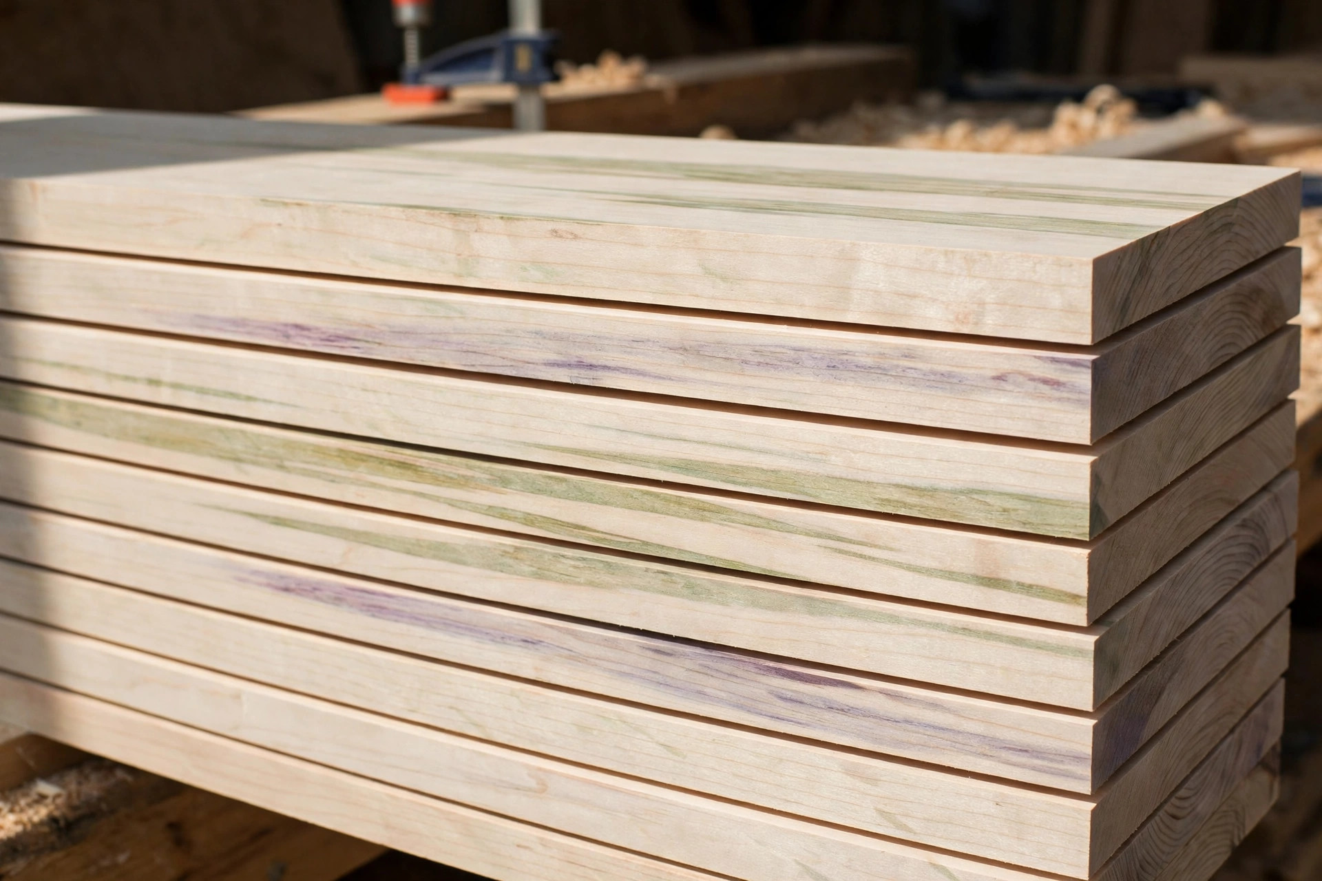 Close-up of smooth poplar boards, one of the best woods for beginner woodworking projects that will be painted