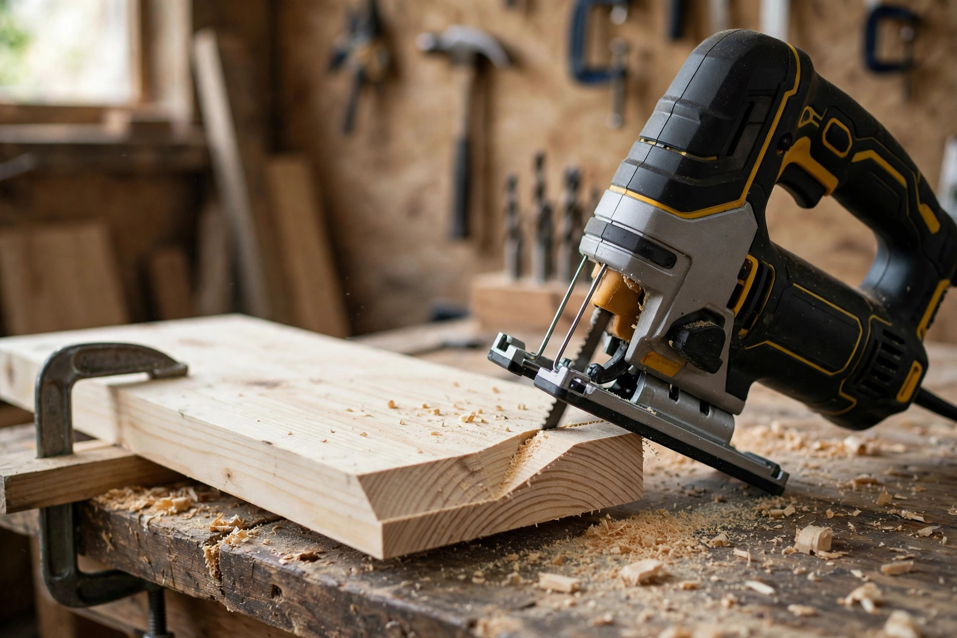 A jigsaw tilted on its bevel base cutting an angled edge in pine, best jigsaw for beginners woodworking bevel cut