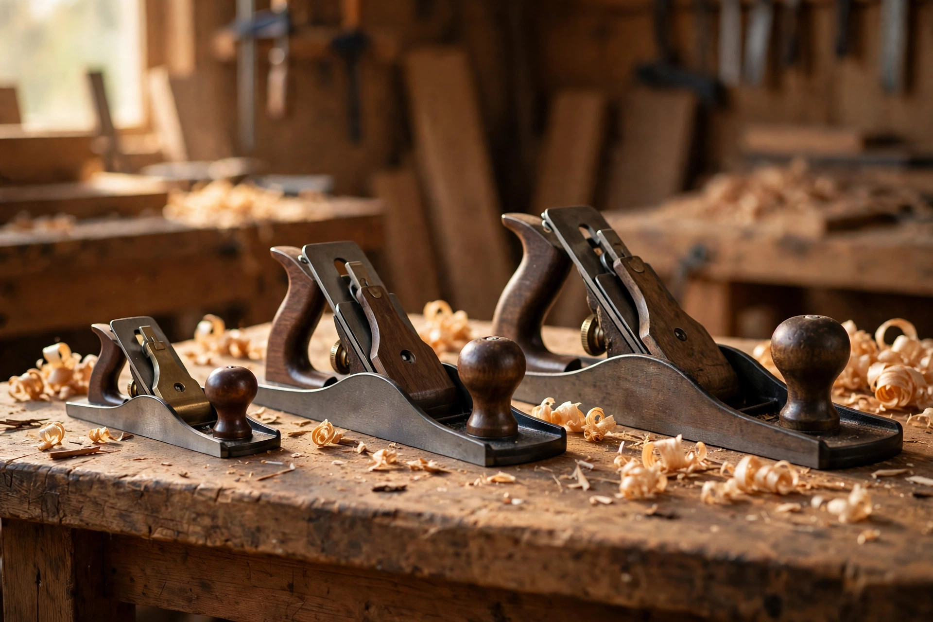 Block plane, jack plane, and smoother plane lined up side by side on a workbench showing the size difference for beginners choosing a hand plane