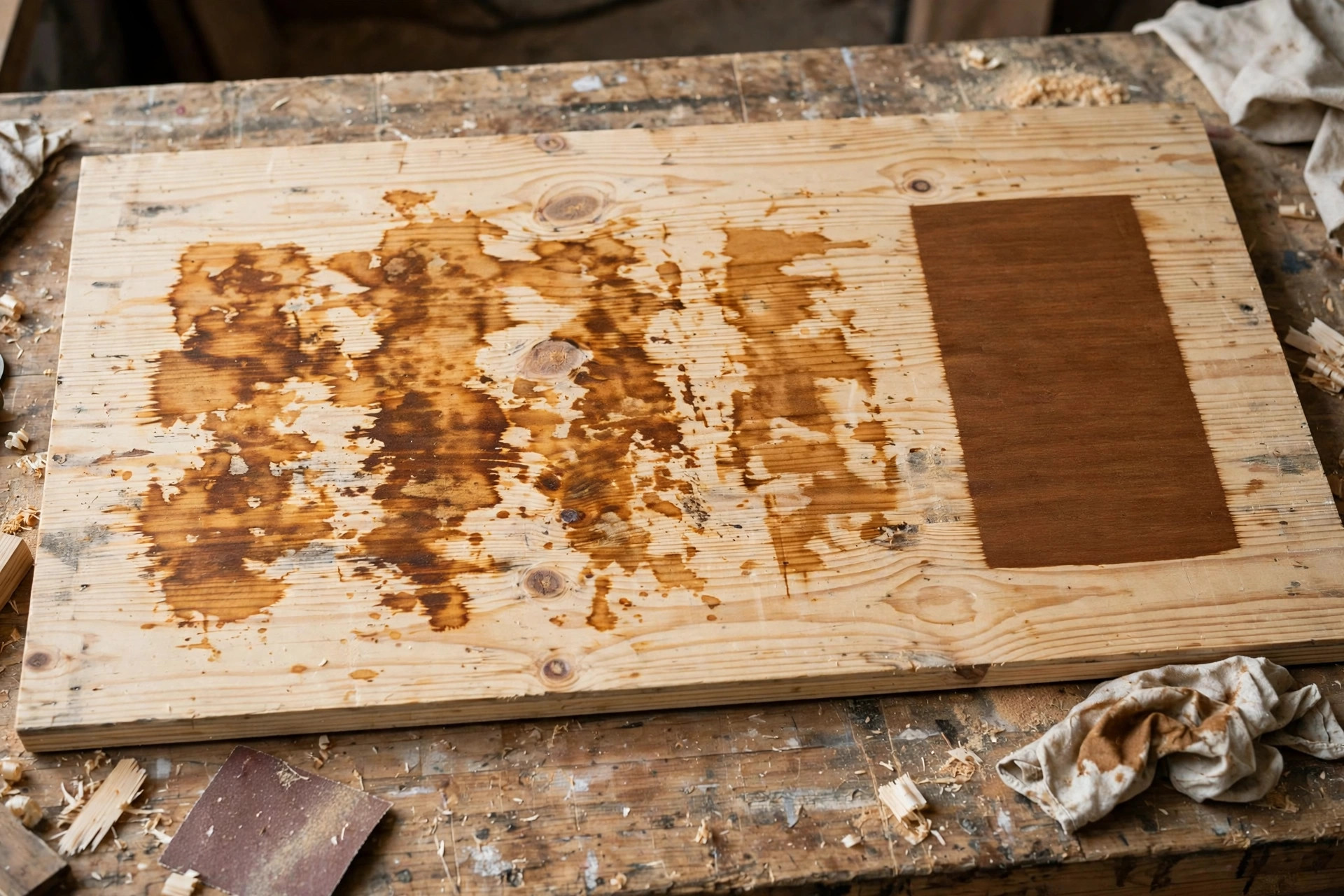 A pine board with blotchy and even stain test patches, showing why choosing the best wood stain for beginners woodworking matters for softwoods