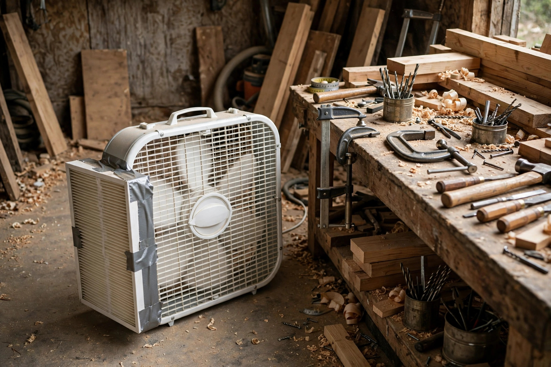 A DIY ambient air cleaner built from a 20-inch box fan with furnace filters taped to the intake in a small workshop