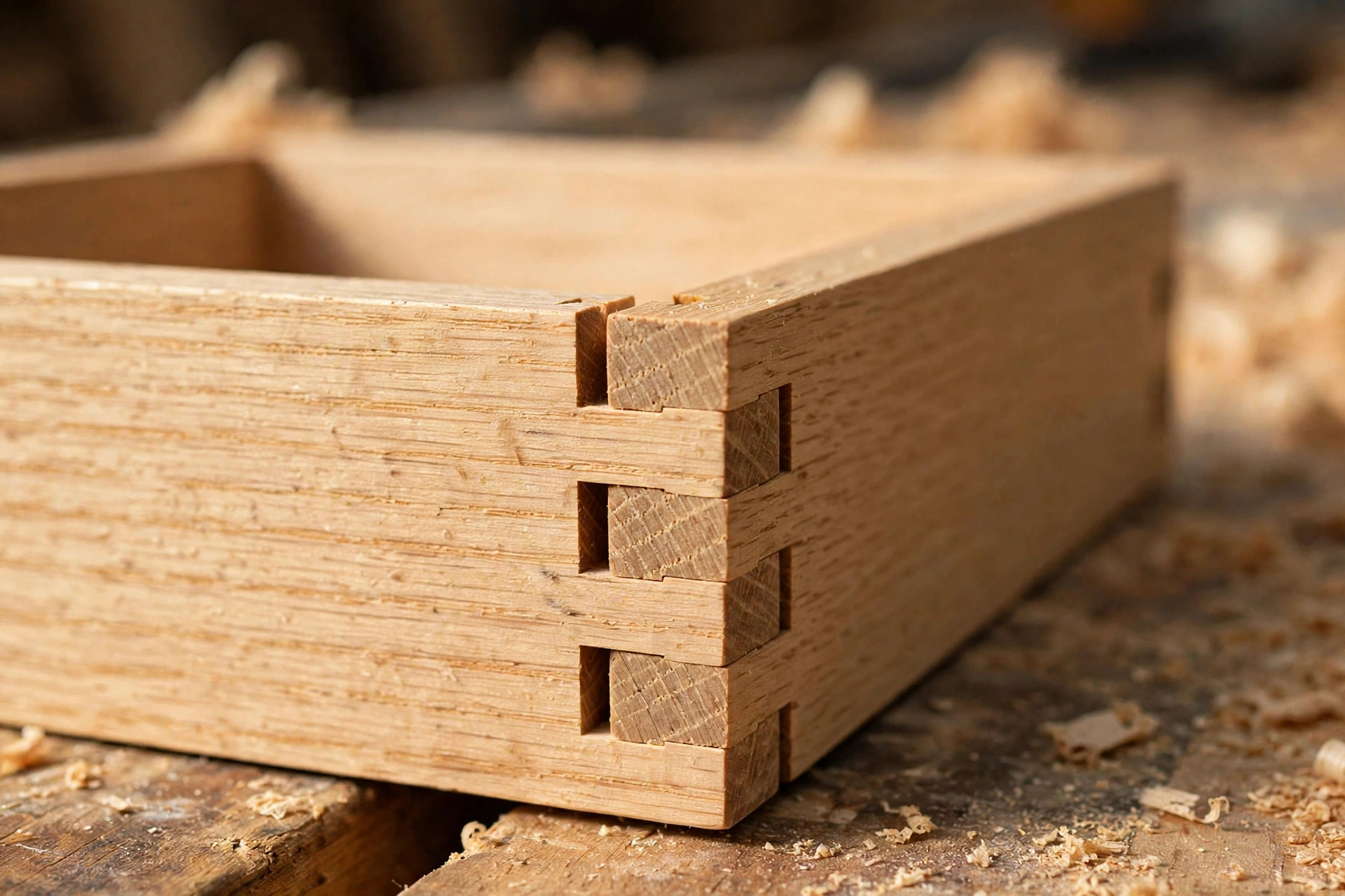 Close-up of interlocking box joint fingers, one of the strongest woodworking joinery types for beginners ready to level up