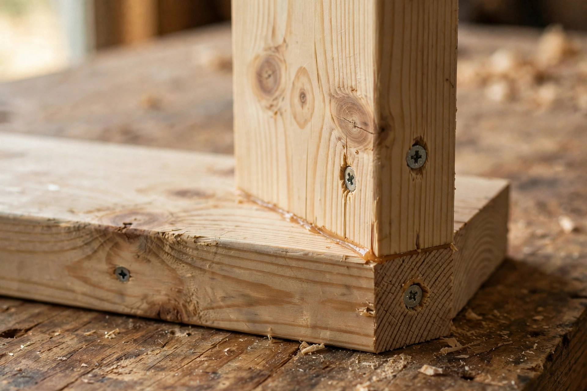 Close-up of a butt joint reinforced with screws, the simplest of the woodworking joinery types for beginners
