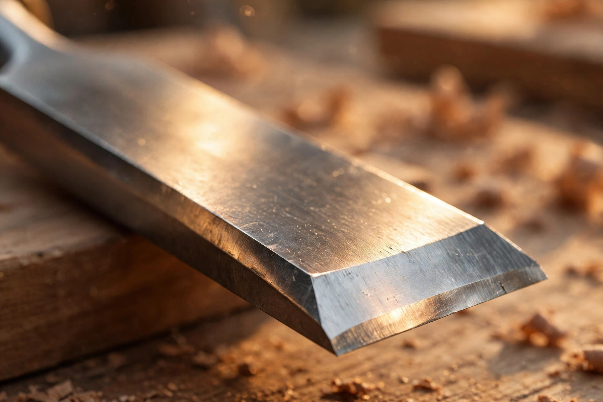 Close-up of a chisel bevel at 25 degrees showing the polished edge for beginners learning how to sharpen chisels