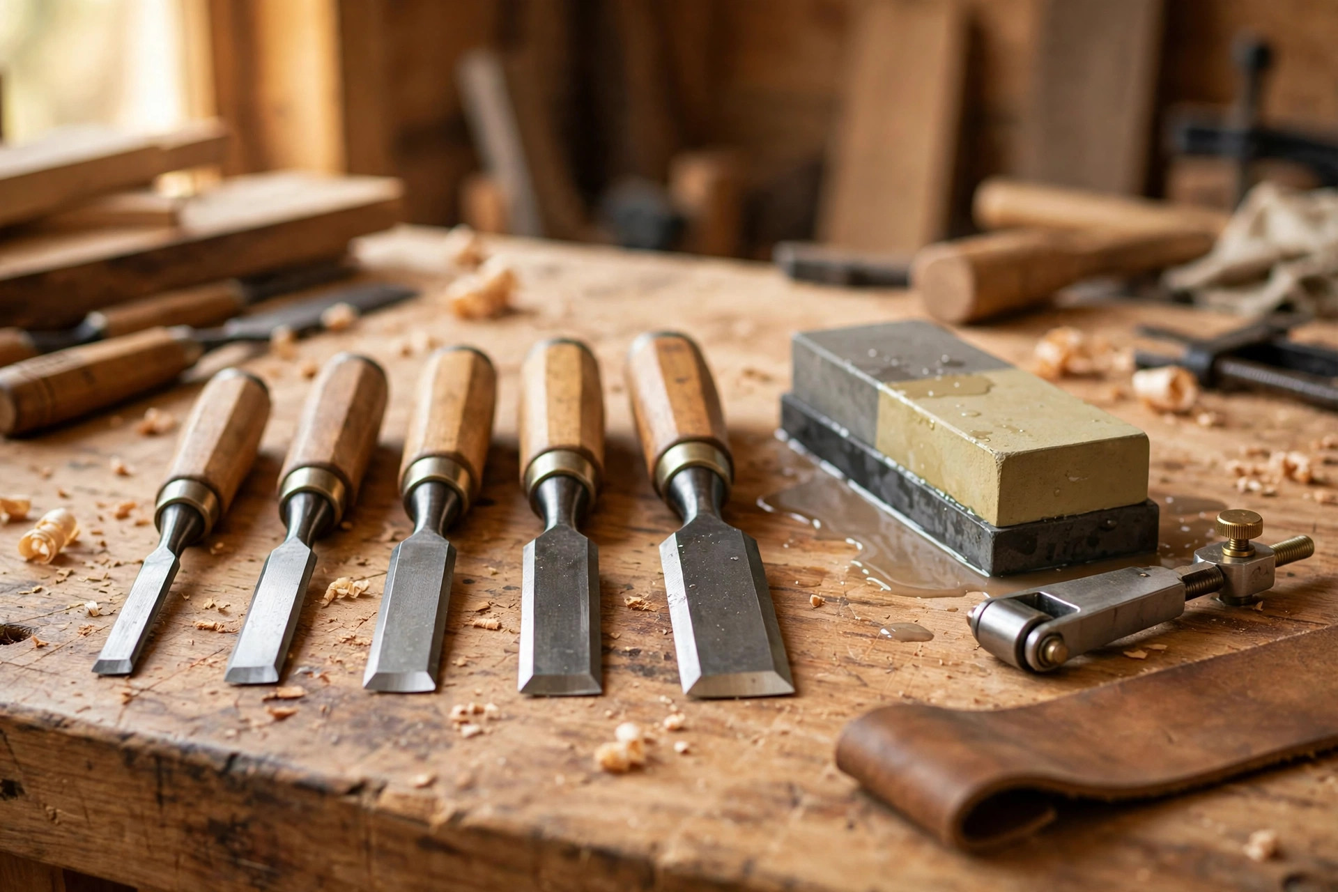 Essential tools for how to sharpen chisels for beginners laid out on a workbench including stones and a honing guide