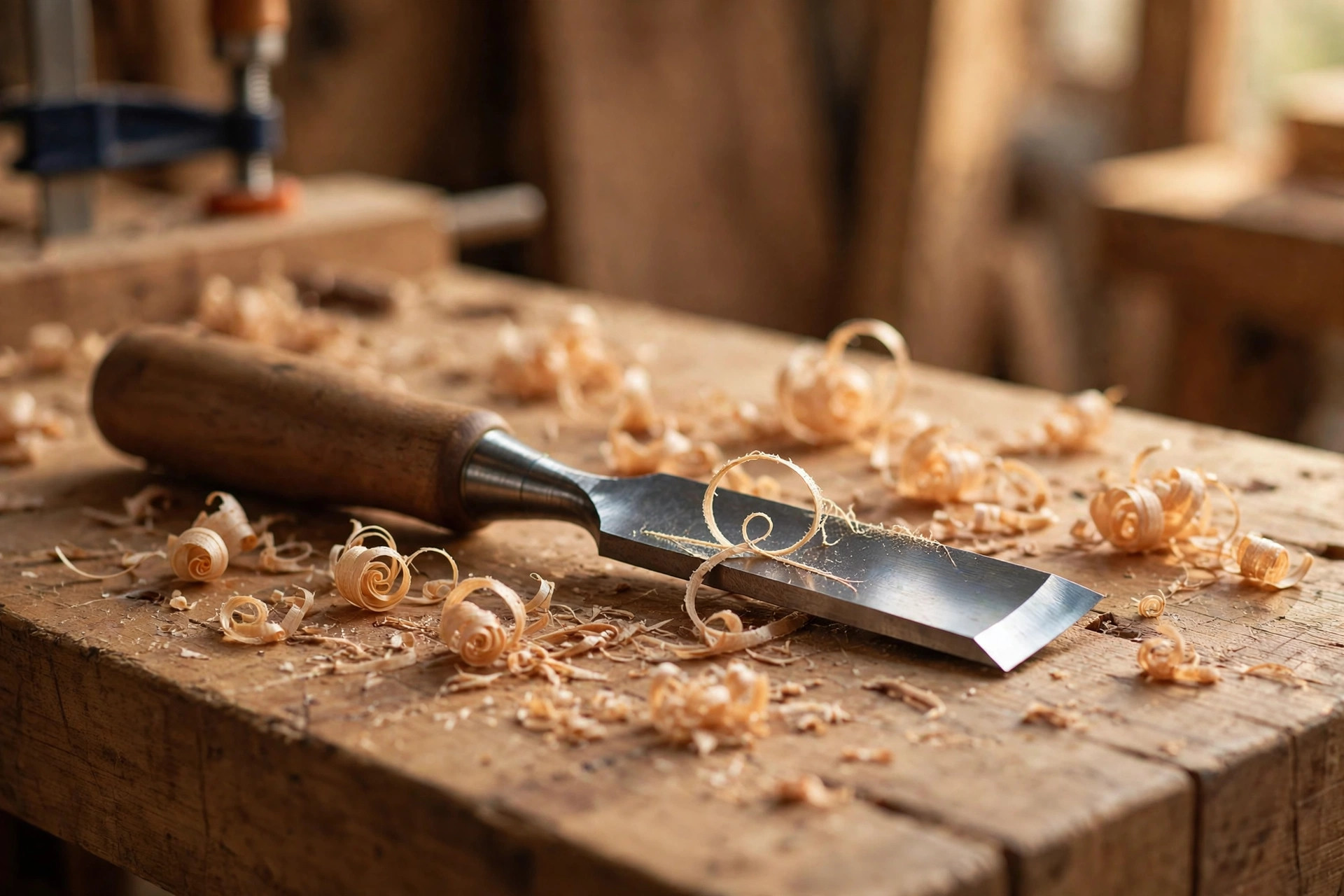 A sharp chisel resting beside curled wood shavings on a workbench showing the paper shaving sharpness test result