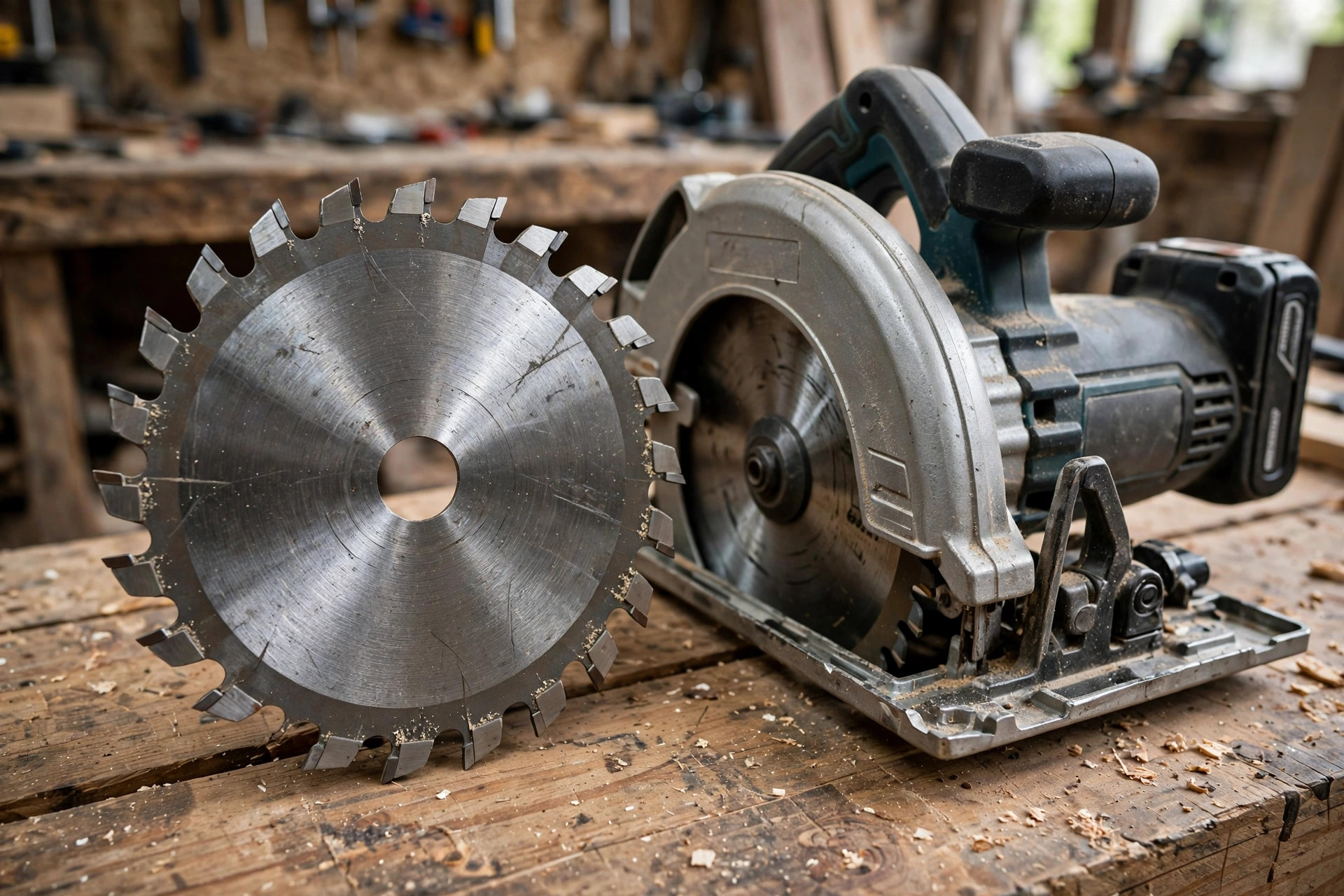A close-up of a circular saw blade for beginners showing its carbide teeth on a workbench