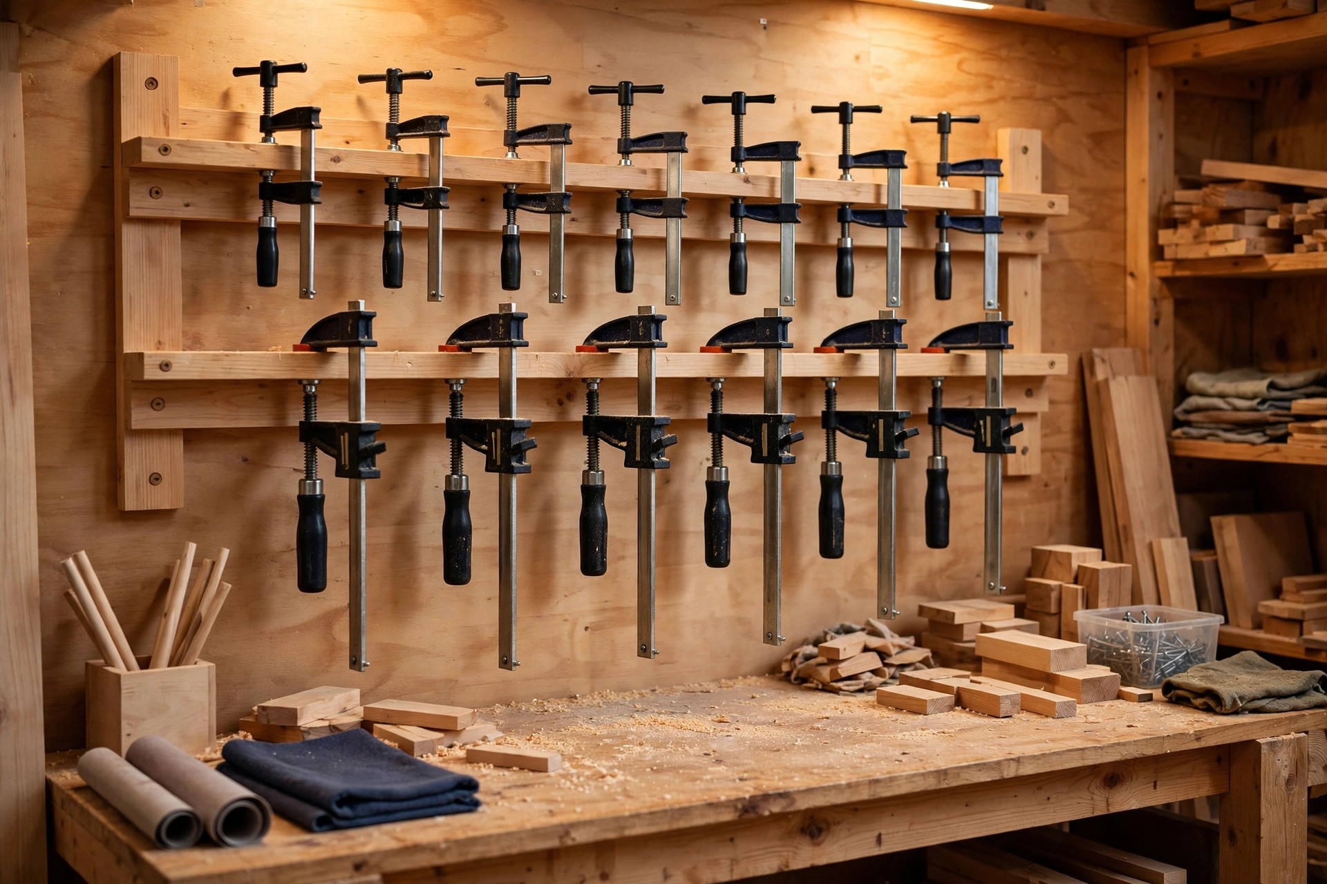 Clamps neatly organized on a wall-mounted wooden rack in a workshop, smart clamp storage for woodworking beginners