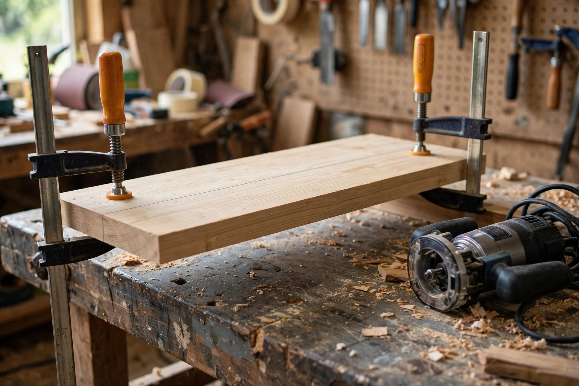 A board clamped firmly to a workbench ready for routing, showing safe setup for how to use a router for beginners in woodworking