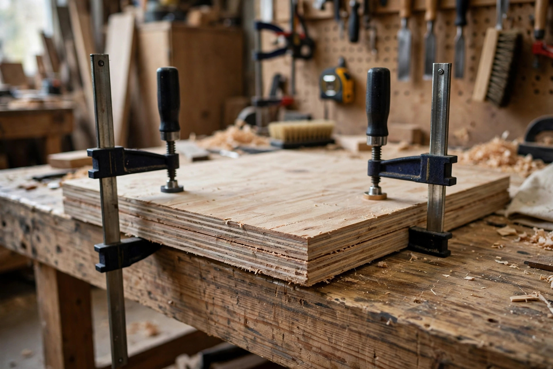 A plywood workpiece clamped firmly to a workbench ready for jigsaw cutting, best jigsaw for beginners woodworking setup