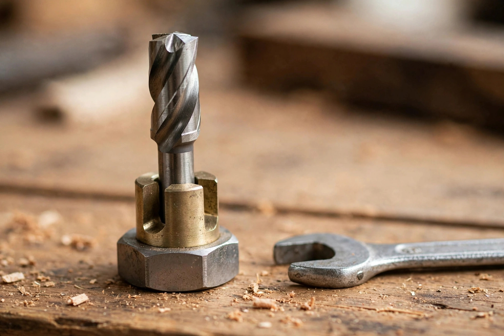 Close-up of a router bit shank seated in the collet for safe learning of how to use a router for beginners in woodworking