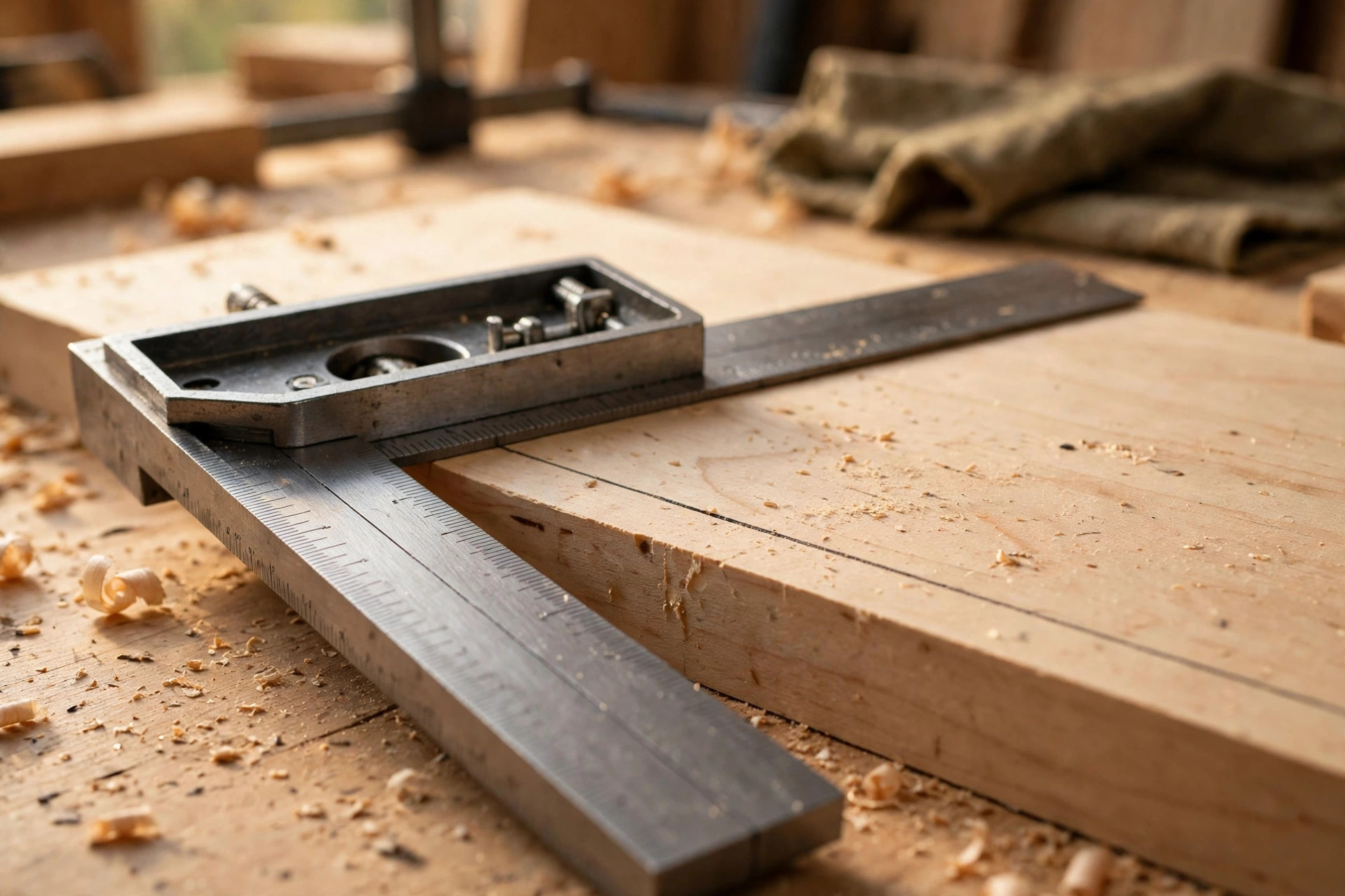A combination square pressed against a maple board with a fine marked layout line along its blade