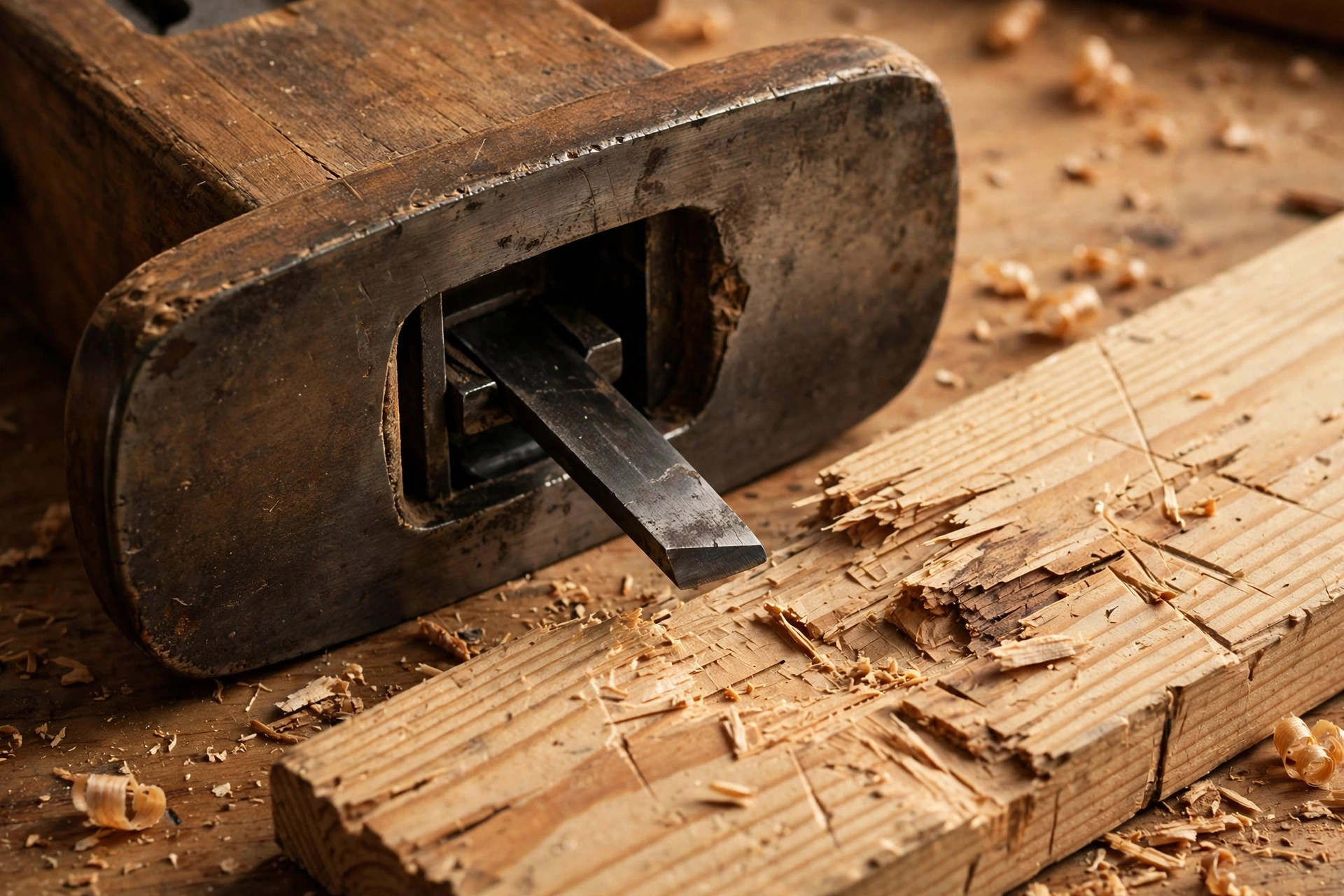 Common hand plane mistakes for beginners illustrated with a plane iron set too deep and tearout on a board