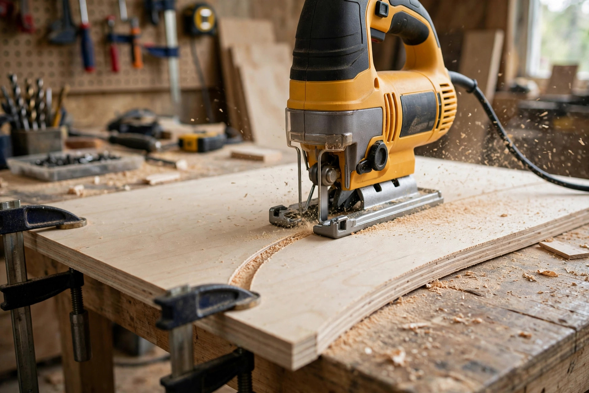 A jigsaw cutting a smooth curve in a sheet of plywood, the best jigsaw for beginners woodworking technique