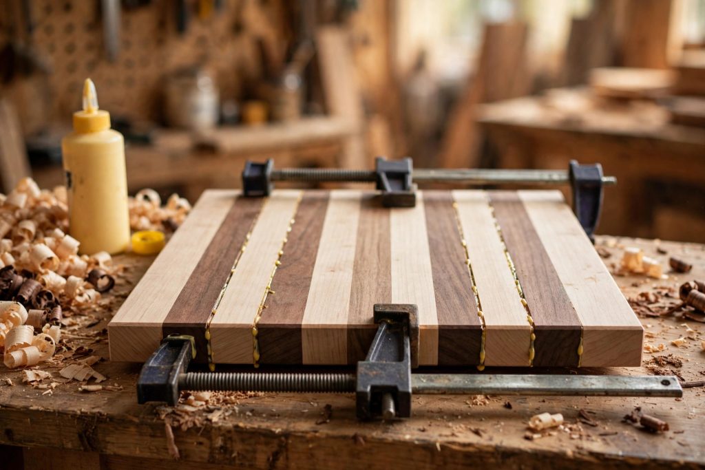Gluing up a striped hardwood cutting board with bar clamps - step by step beginner woodworking