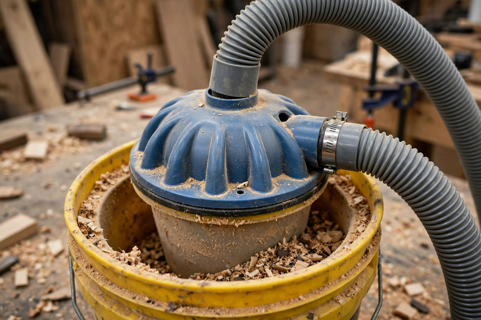 A DIY dust collection small workshop build showing a cyclone separator lid mounted on a 5-gallon bucket connected to a shop vacuum hose