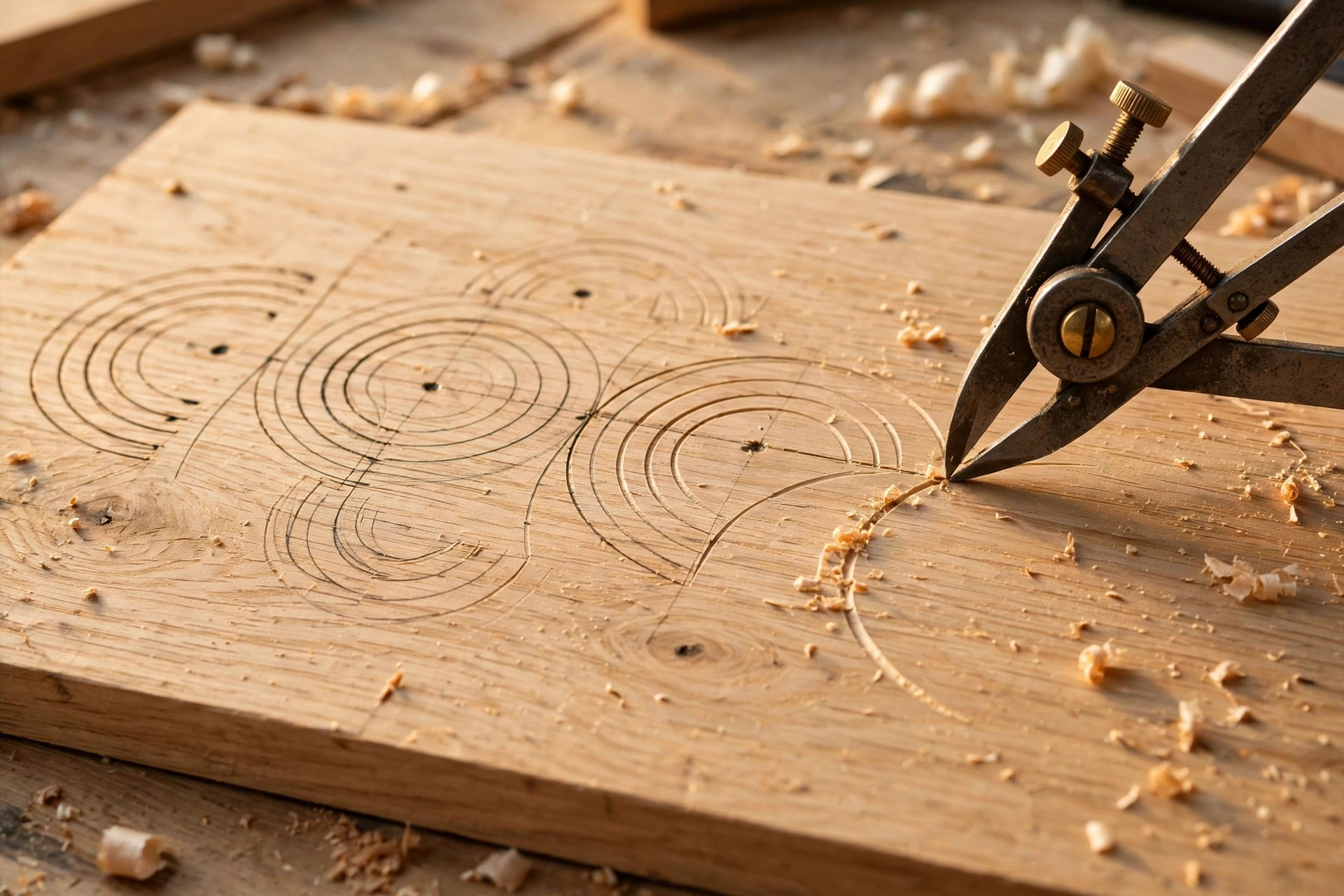 Metal dividers scribing a precise arc on an oak board with completed layout arcs and center marks