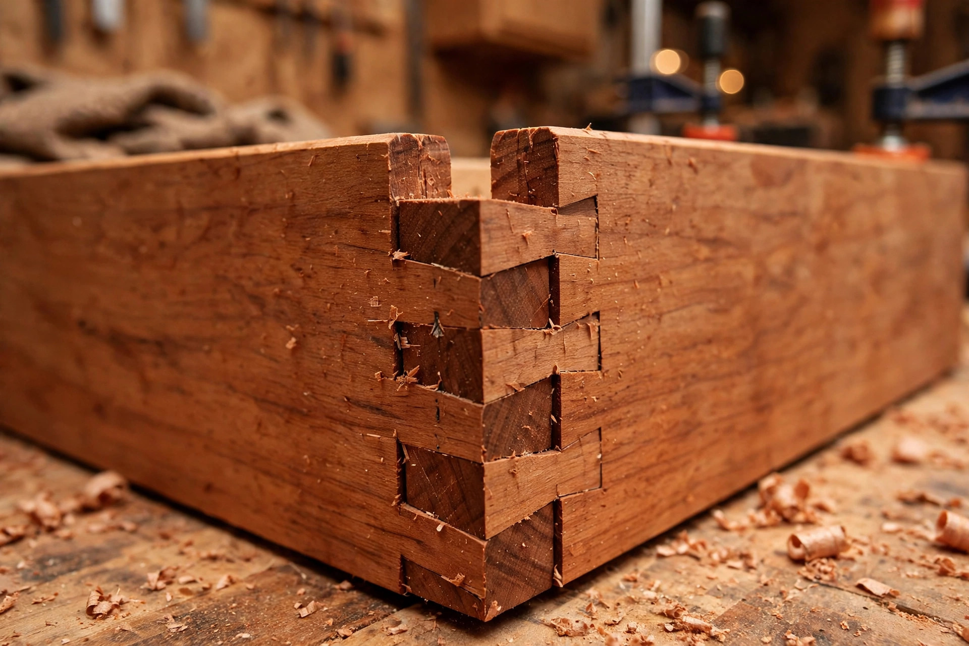 Close-up of a hand-cut dovetail joint corner, the most iconic of the woodworking joinery types for beginners to aspire to