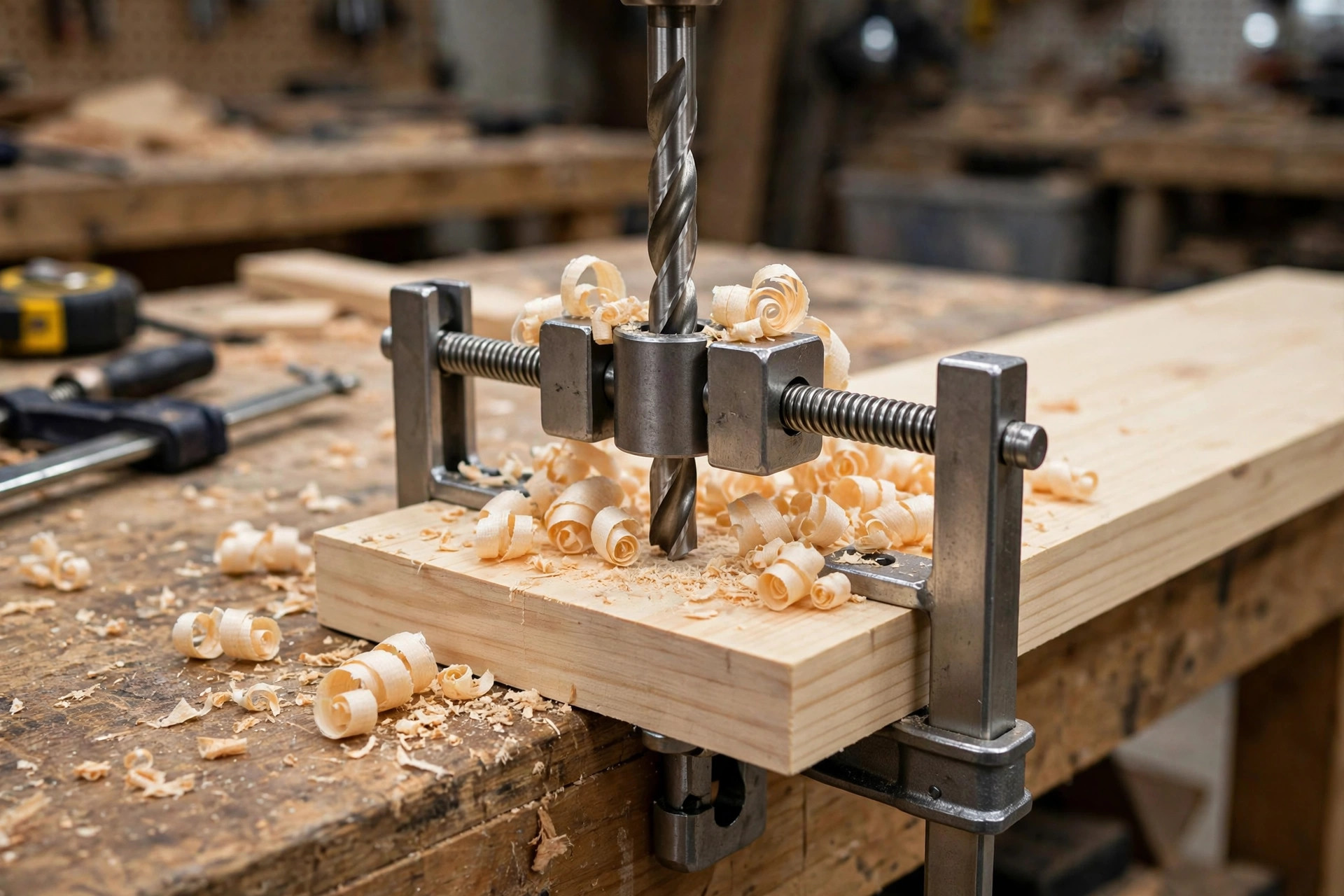 A dowel jig clamped to a board edge guiding a brad point drill bit, showing dowel technique in the pocket hole joint vs dowel joint strength guide