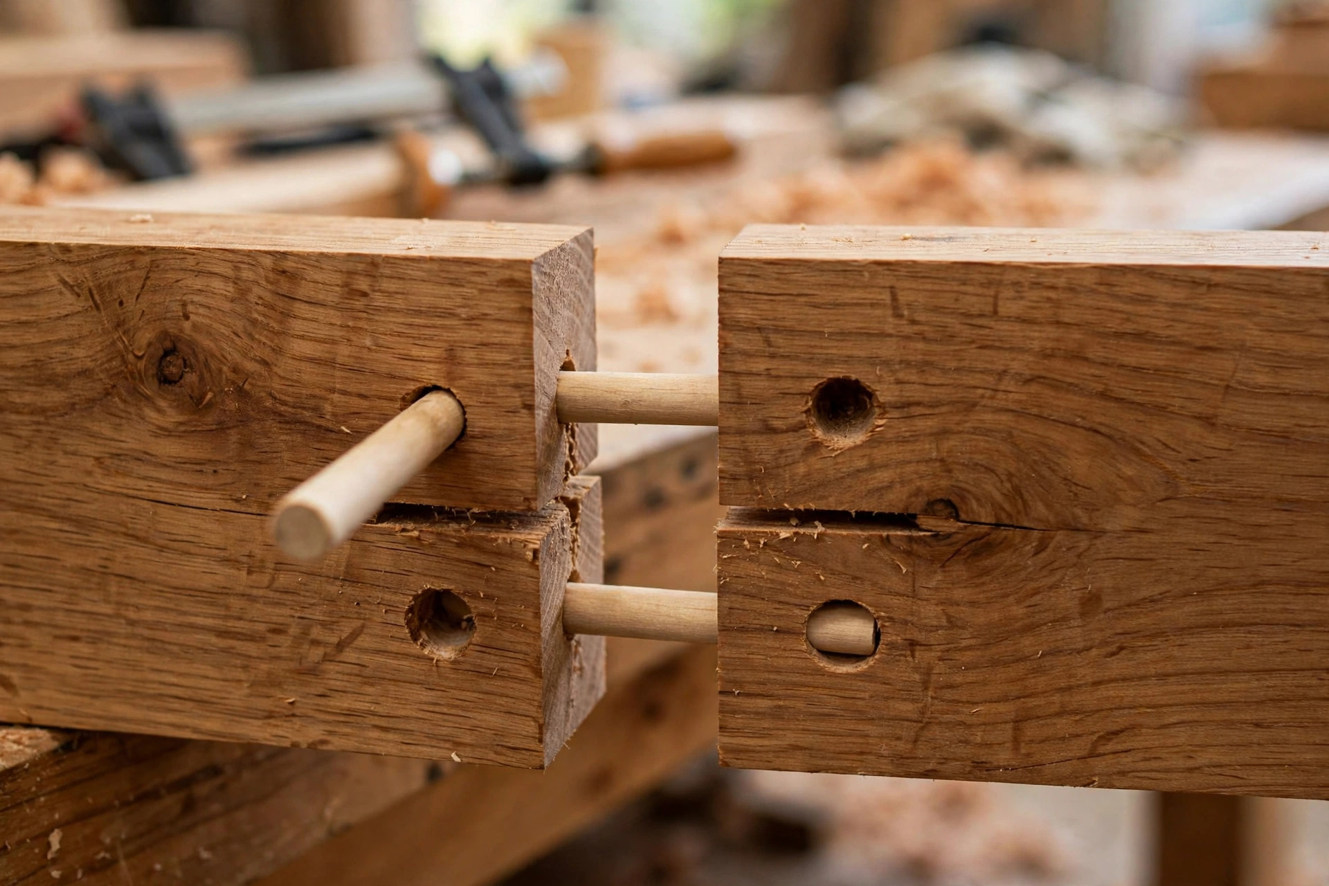Close-up of a dowel joint with wooden dowels aligned between two boards, illustrating pocket hole joint vs dowel joint strength differences