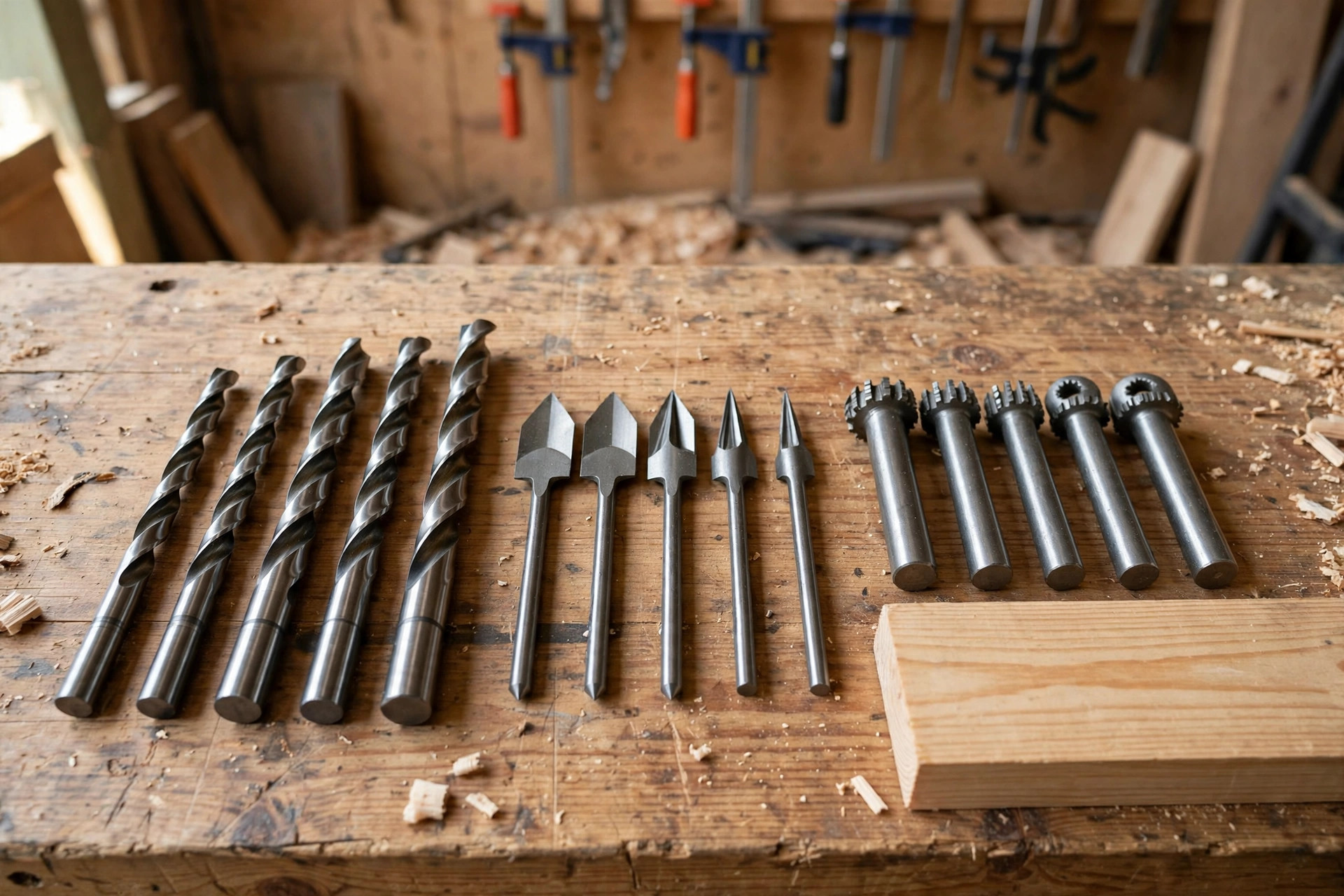 A neat row of twist drill bits, spade bits and Forstner bits arranged on a wooden workbench beside a pine board
