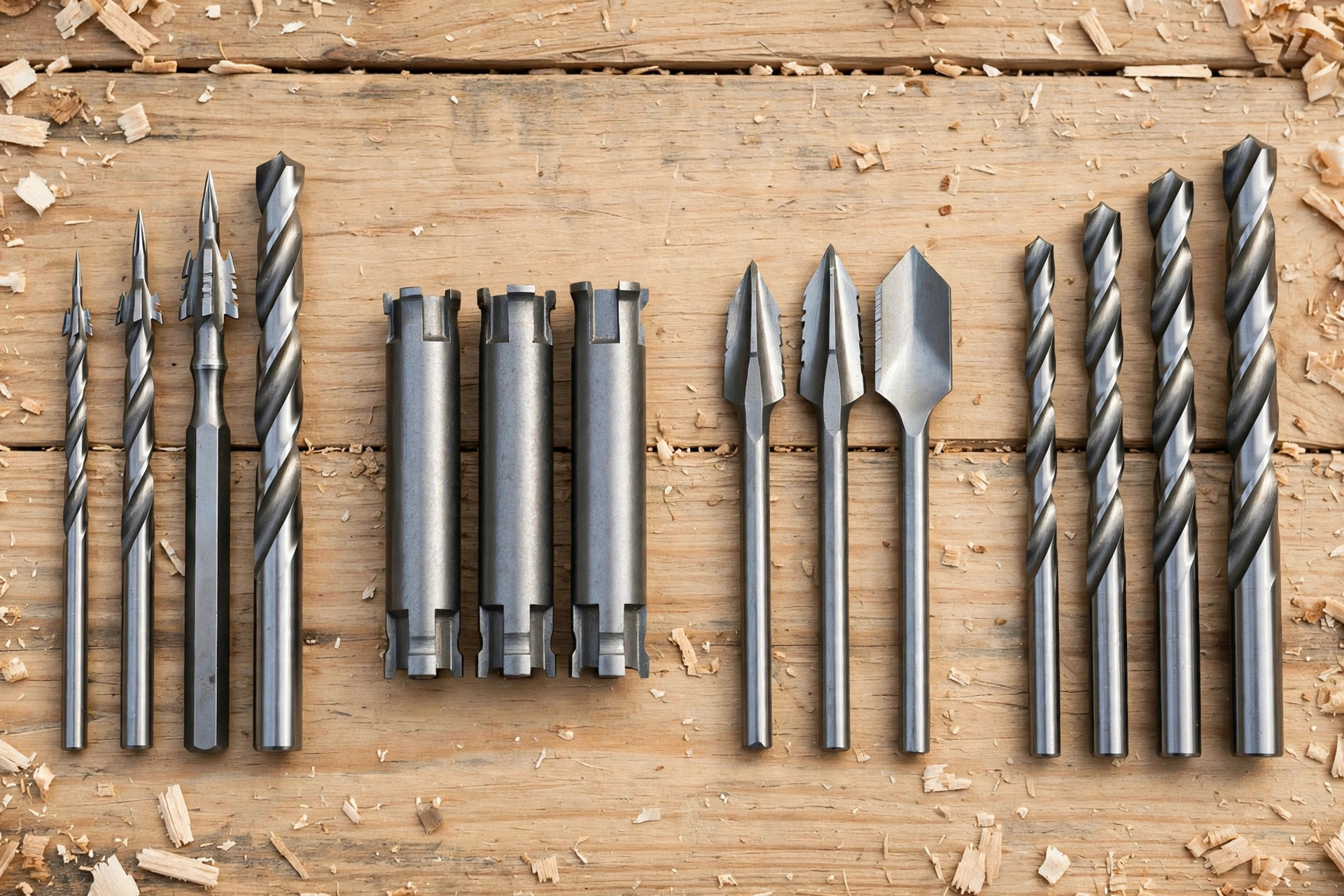 Drill bits set for the best drill for woodworking beginners showing brad-point, Forstner, spade and twist bits arranged on a bench