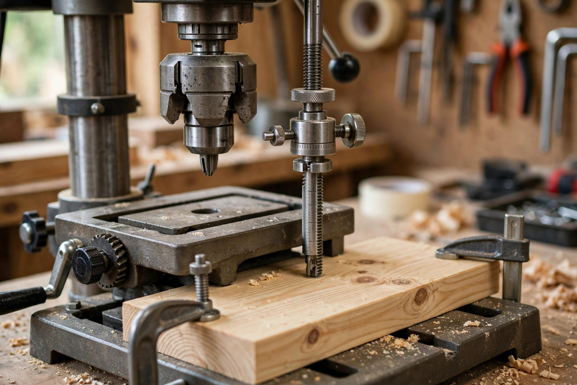 A close-up of a drill press chuck, spindle, depth stop and adjustable table with a pine board clamped on it