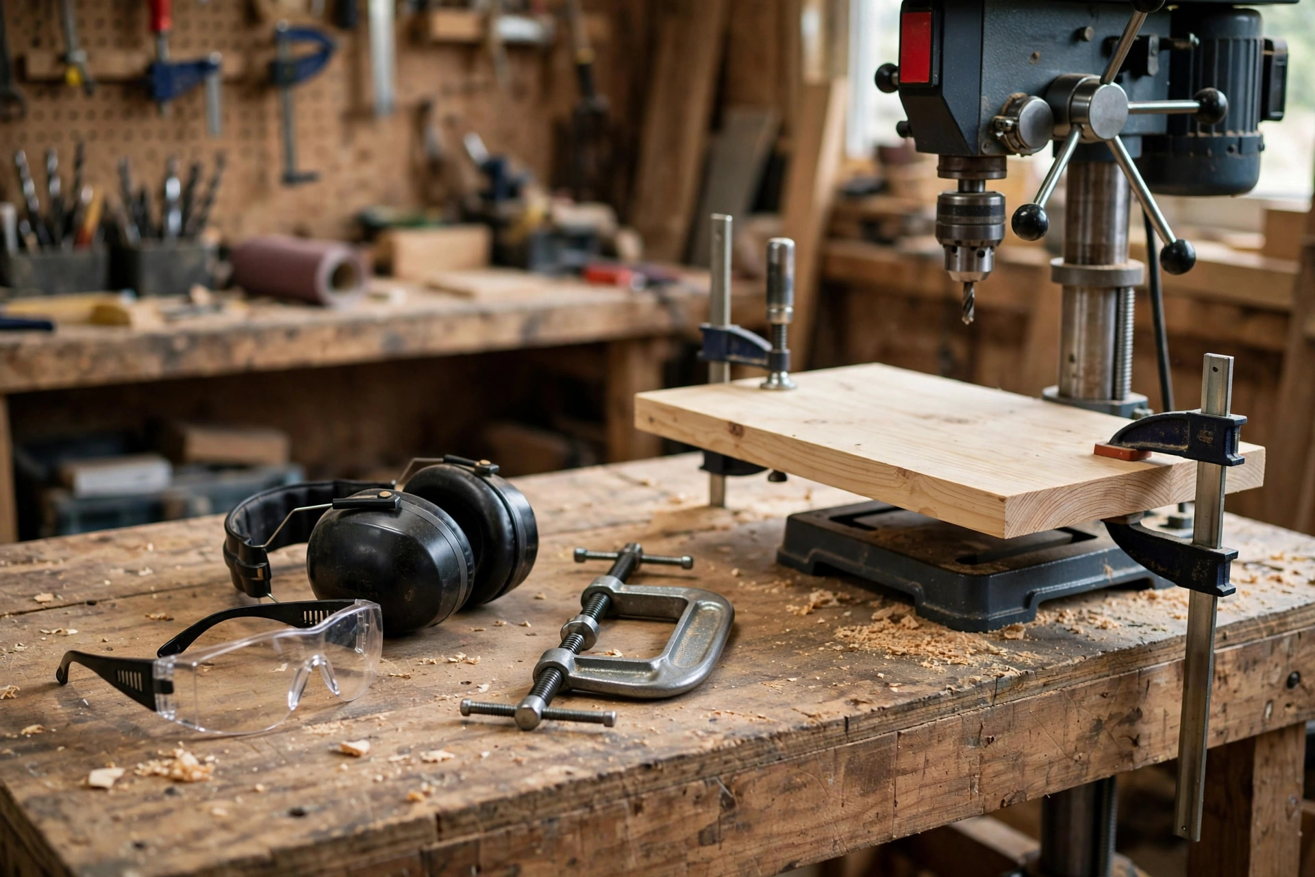 Safety glasses, ear protection and a clamp laid out on a workbench beside a drill press with a pine board clamped to its table
