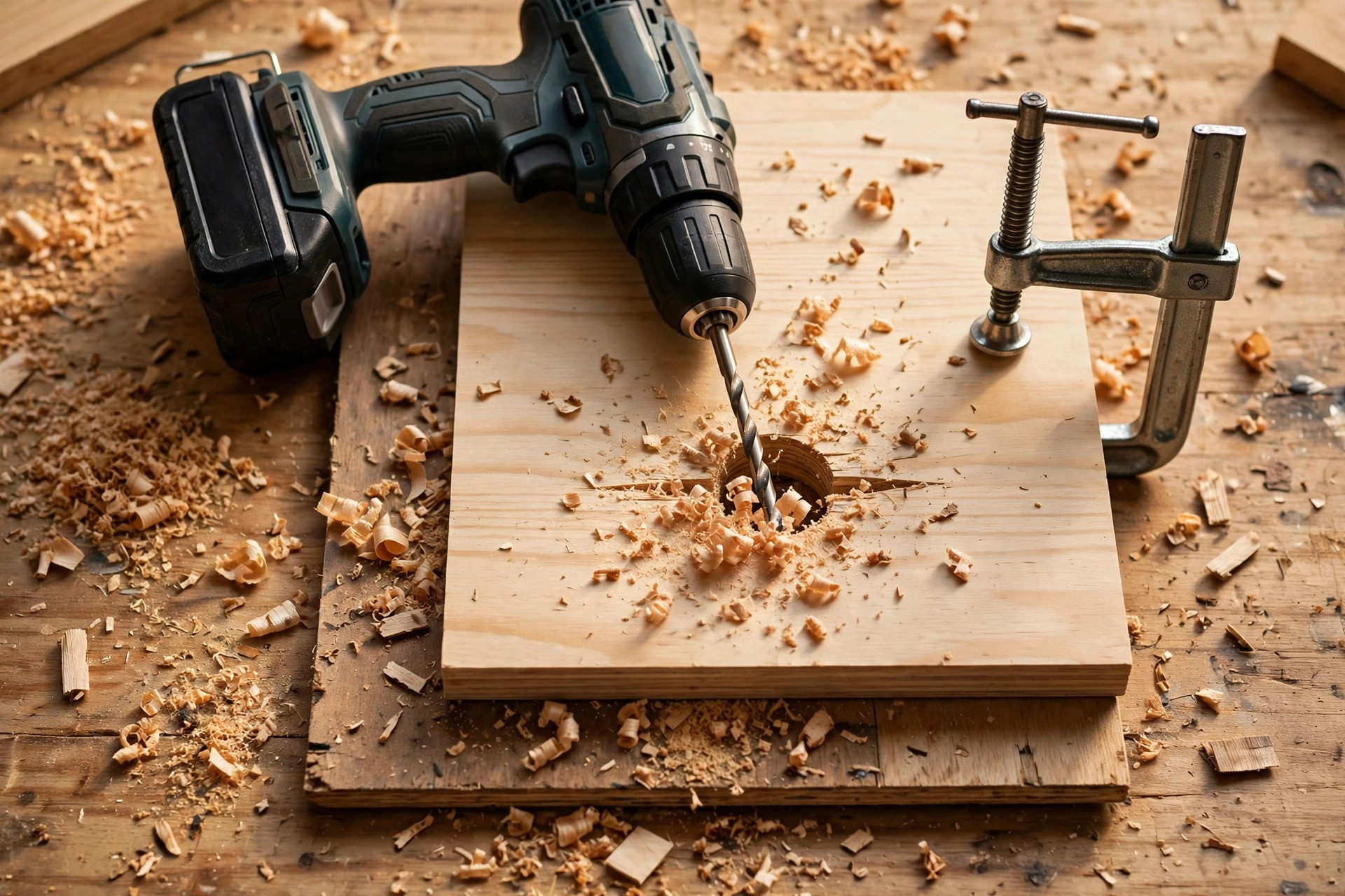 Drilling a clean hole with the best drill for woodworking beginners using a backing board under the lumber to prevent splintering