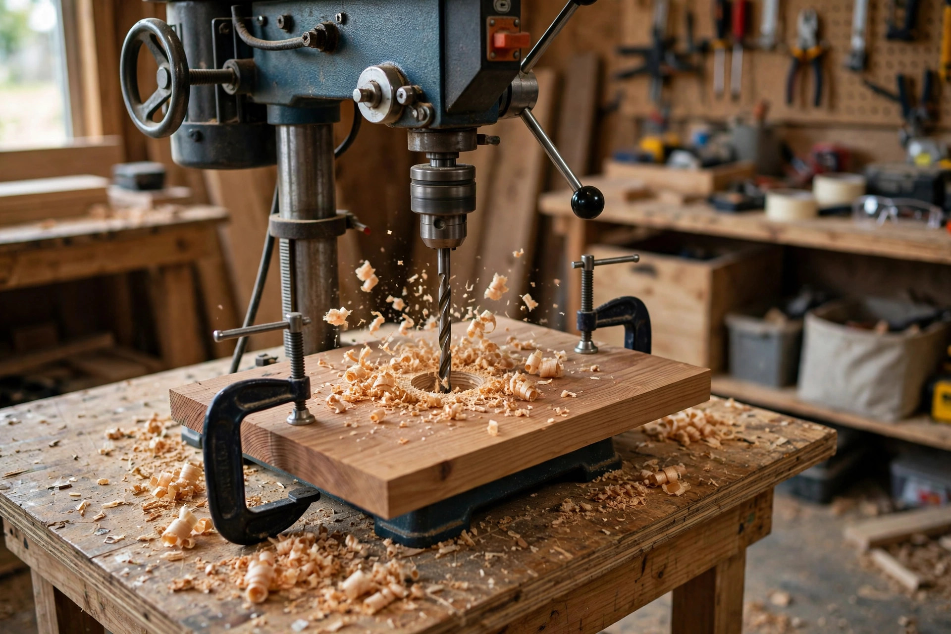 A drill press drilling a clean hole through a clamped pine board, with fresh wood shavings around the hole