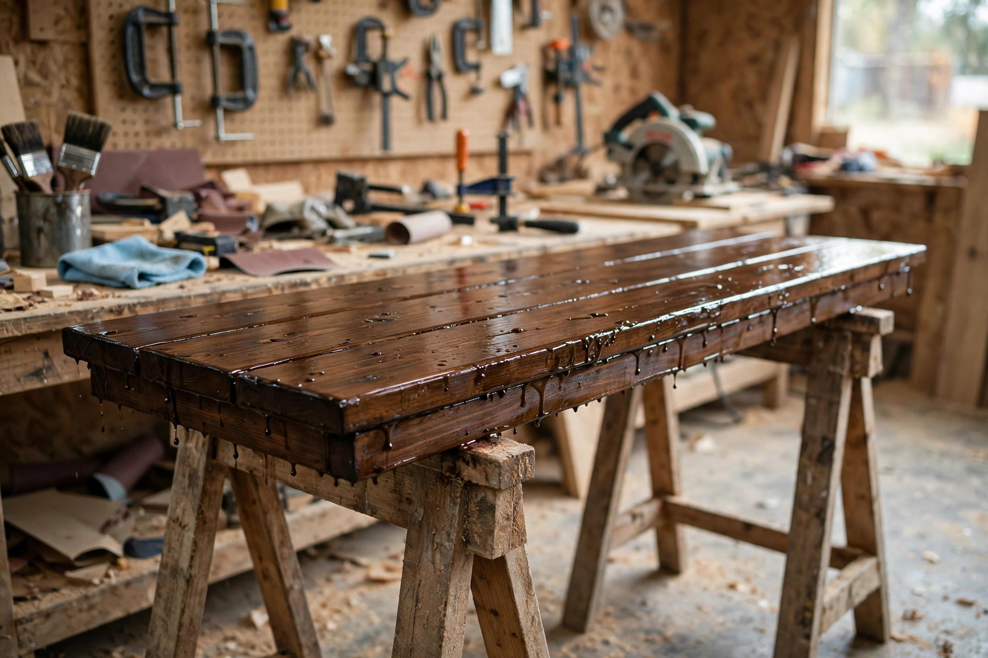 A freshly stained shelf drying on sawhorses, a key stage of the best wood stain for beginners woodworking process
