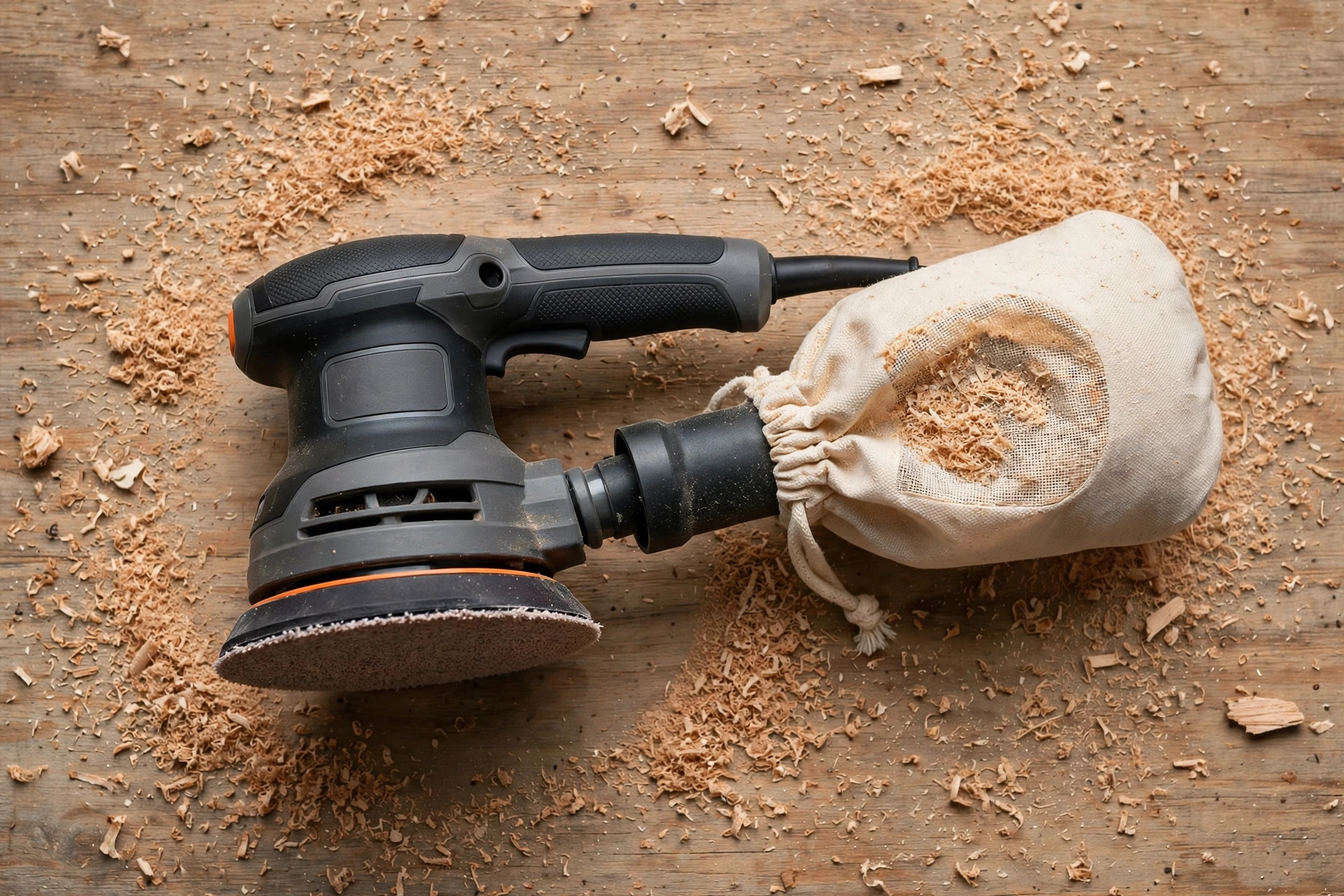 Dust collection port and bag on the best random orbital sander for beginners woodworking sander